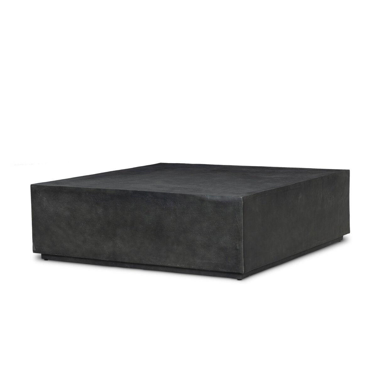 The Aged Grey Metal Outdoor Coffee Table features a large, square plinth-style design with smooth, minimalist lines and block-style construction, crafted from cast aluminum and showcased against a white background.