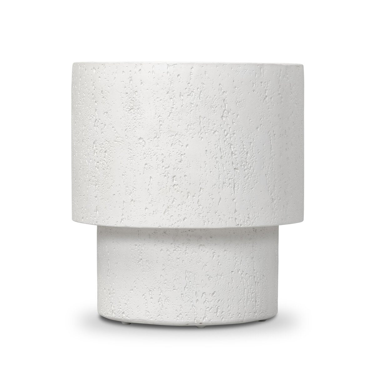 The End Table Concrete is a white, cylindrical textured planter with a plinth-like design—wide at the top and narrow at the base—displayed against a plain white background.