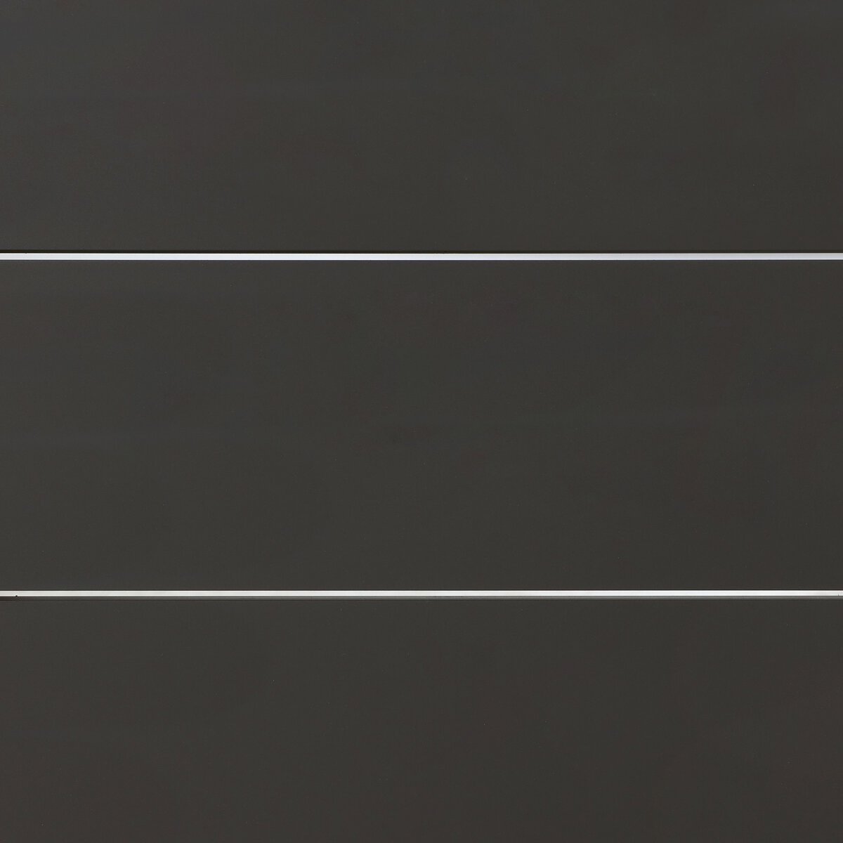 A close-up of the Outdoor Metal Dining Table shows three horizontal black panels with thin white lines between them, all supported by a sleek metal frame. The surface is smooth and uniform.