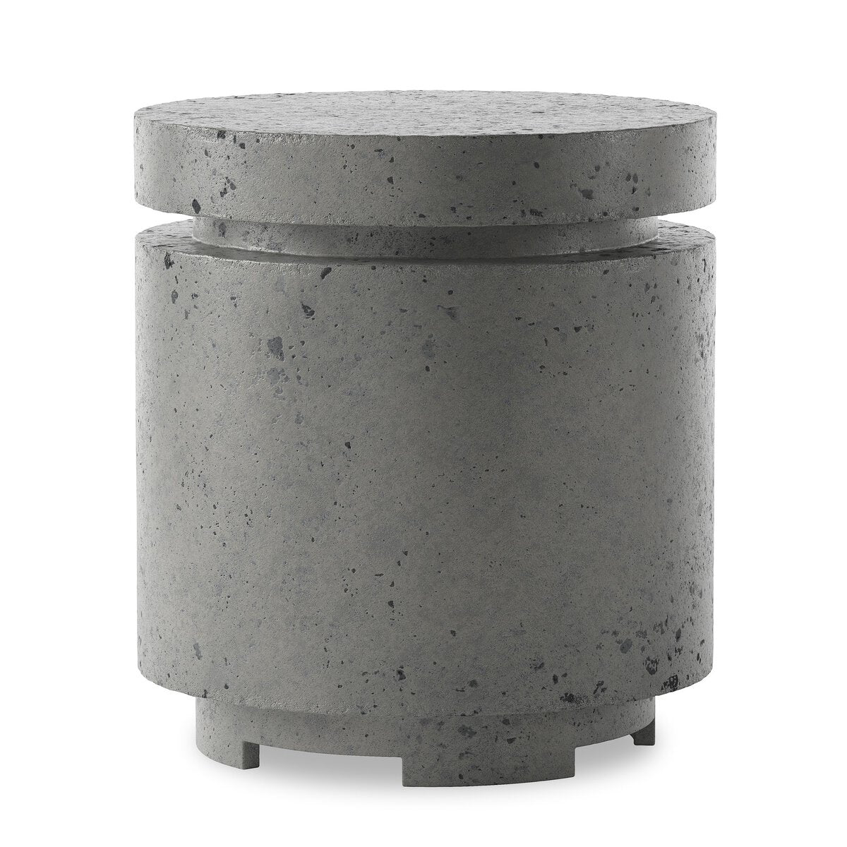 The Outdoor Round Propane Enclosure features a concrete build with a round top, ideal for use as an outdoor end table or to discreetly cover your propane tank.
