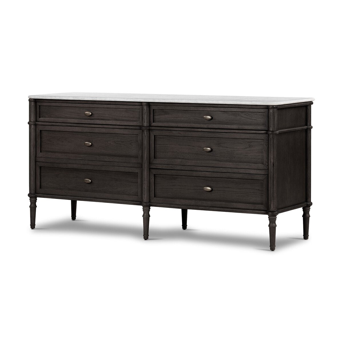 The European 6 Drawer Dresser, crafted from solid oak with round metal knobs and slender tapered legs, is displayed against a white background.