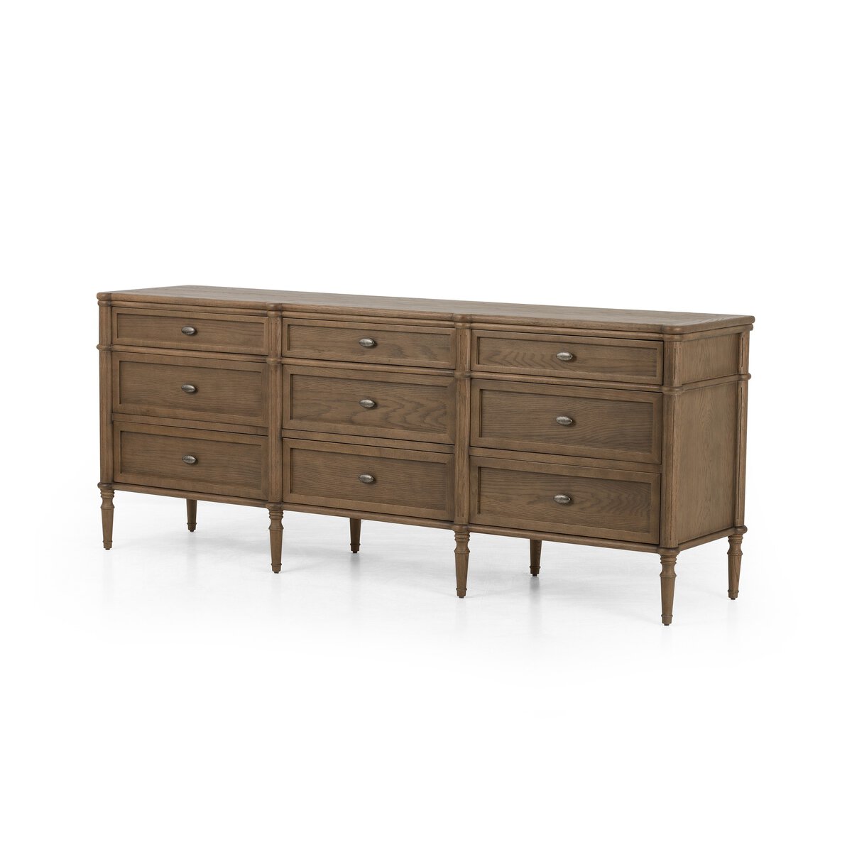 The European 9 Drawer Dresser features a large toasted oak frame with a natural finish, nine drawers with round metal knobs, and six tapered legs—combining classic simplicity with a modern bedroom furniture style.
