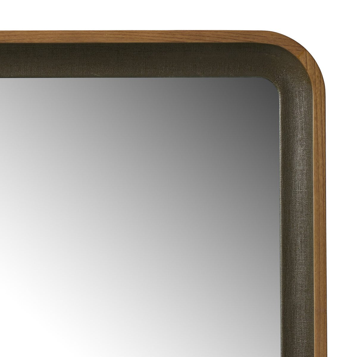 A close-up of the Arno Grand Floor Mirror’s top right corner shows its smooth, reflective surface, wooden outer frame, and dark inner border. Overall dimensions: 50.00"w x 3.50"d x 80.00"h.