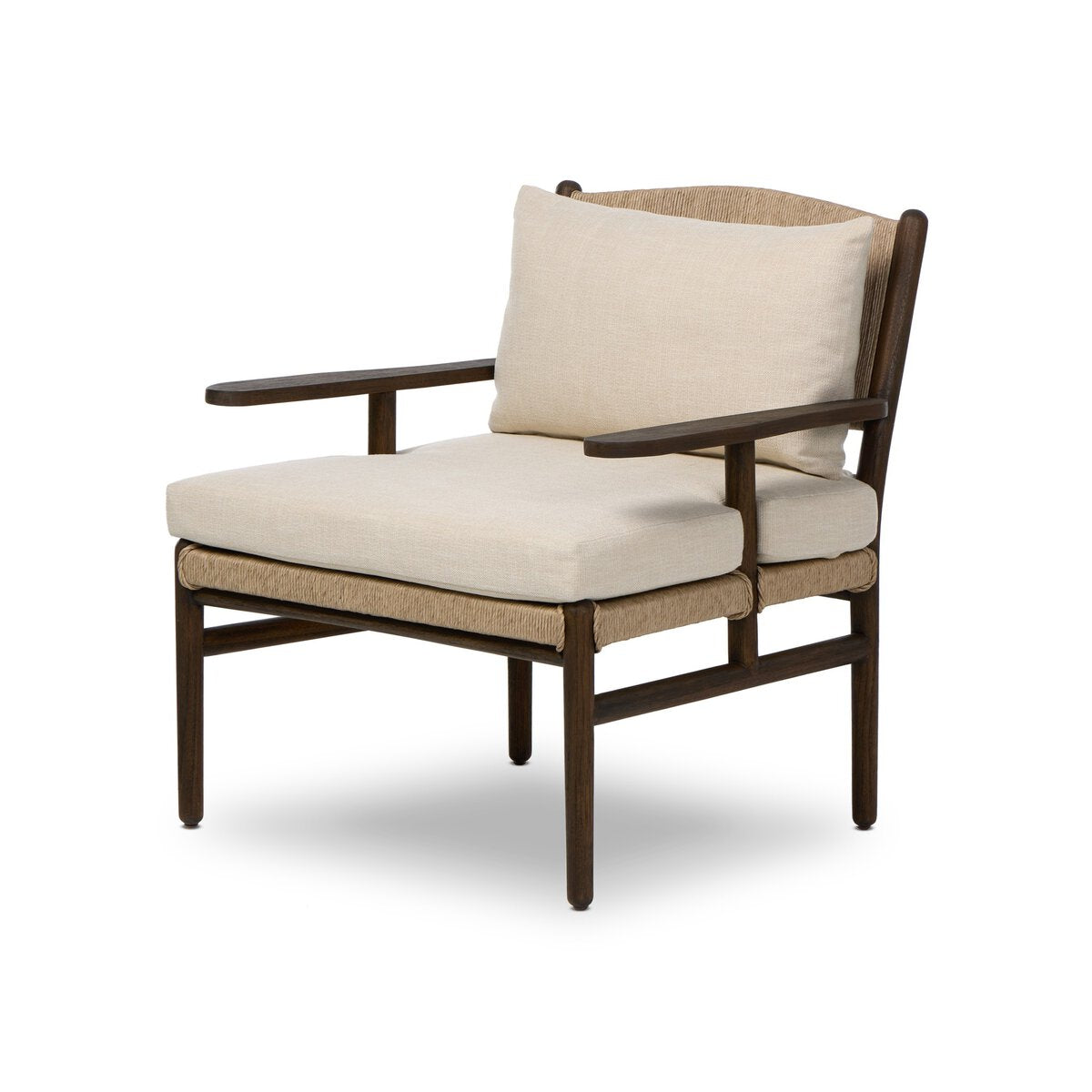 The Herrin Outdoor Chair features a dark wooden frame, angled armrests, and light beige cushions on the seat and back. Shown against a white background; overall dimensions: 31.00"W x 30.00"D x 32.00"H.