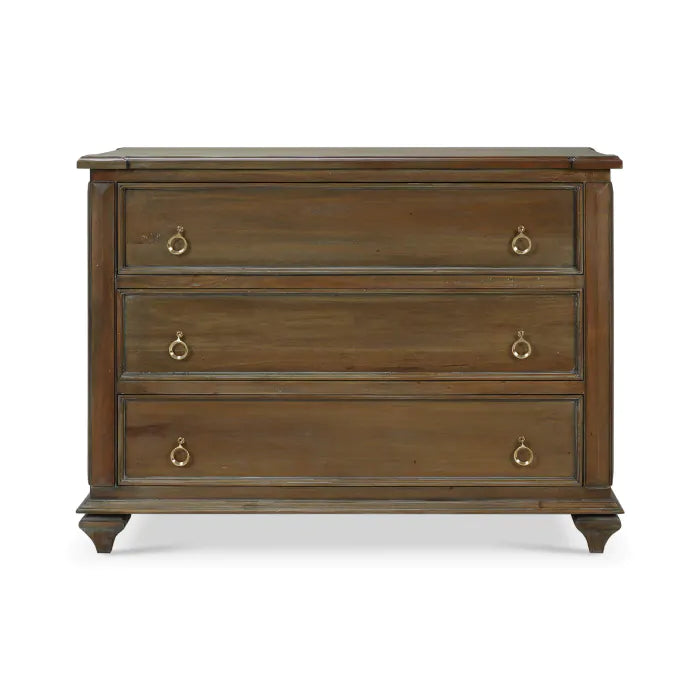 The 3 Drawer Dresser features a classic, simple design with a medium brown wood finish, three drawers each with two round metal pull handles, short tapered legs, and measures W 47 x D 22 x H 35.