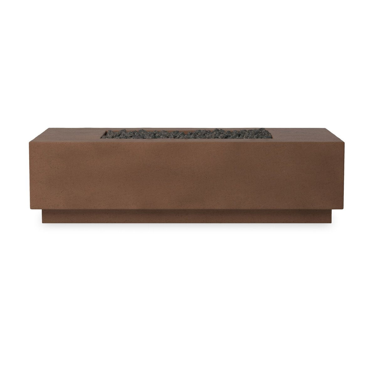 The Kenton Outdoor Fire Table is a rectangular, rust-colored fire pit (60" overall) with a recessed center filled with dark stones. Its modern, minimal design perfectly complements any outdoor sofa setup.
