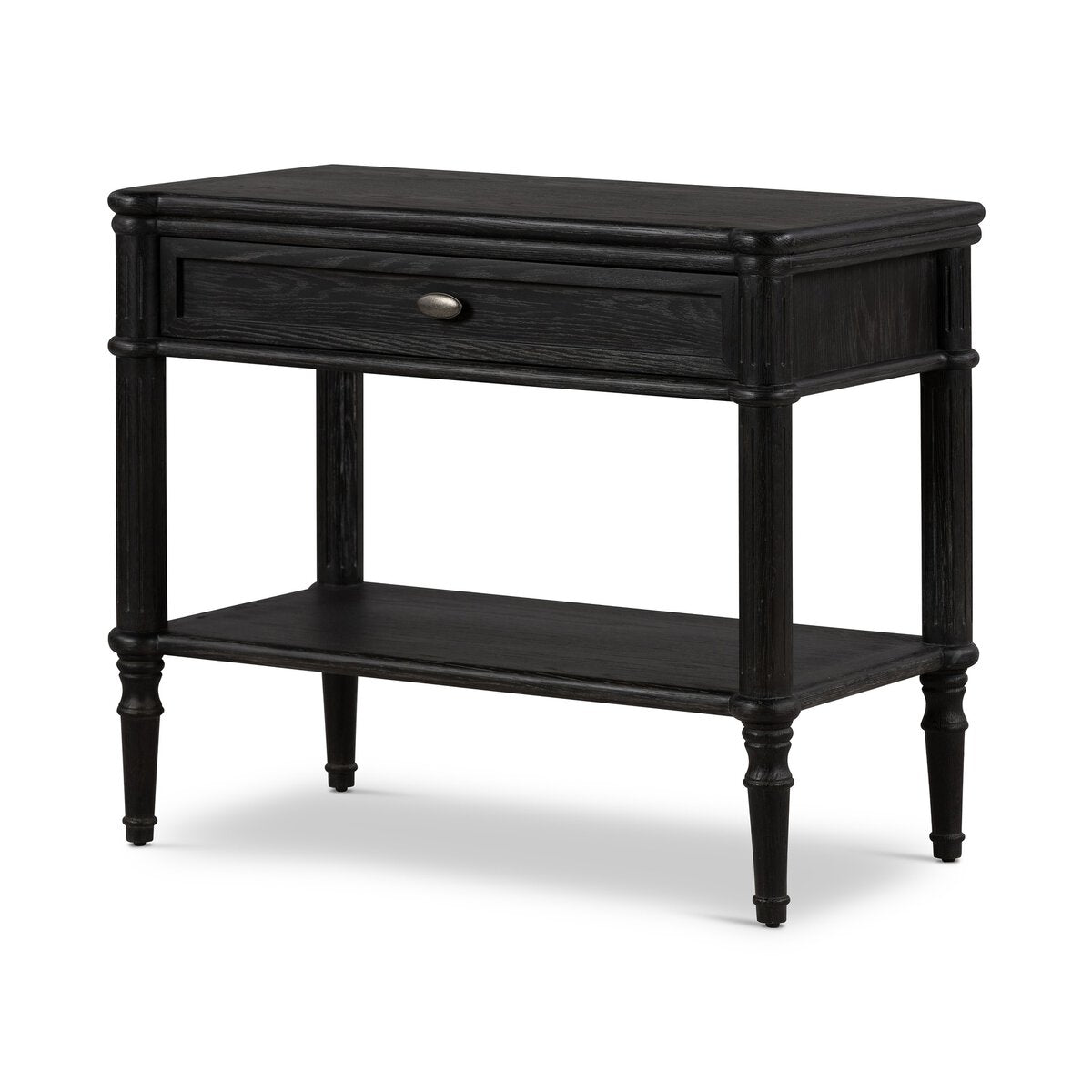 The European Nightstand, featuring a vintage black finish, one drawer with a round metal pull, a lower shelf, and turned legs, is photographed against a white background.