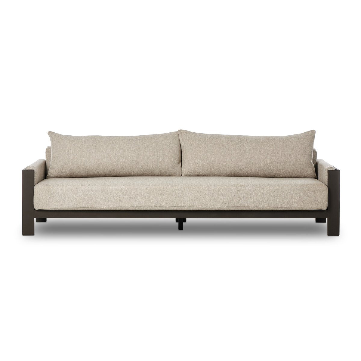 The Outdoor Metal Sofa is shown against a white background, featuring a minimalist beige design with two large back cushions and wide armrests.