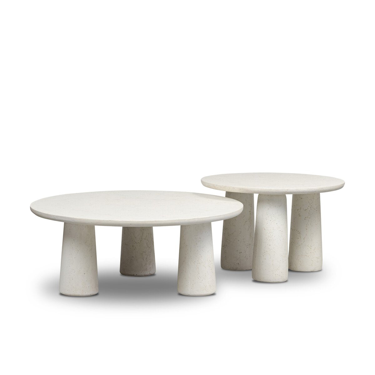The Concrete Outdoor Nesting Coffee Tables feature two modern, minimalist tables in cast ivory concrete with round tops and three-legged cylindrical bases—one larger and lower, the other smaller and taller—shown on a white background.