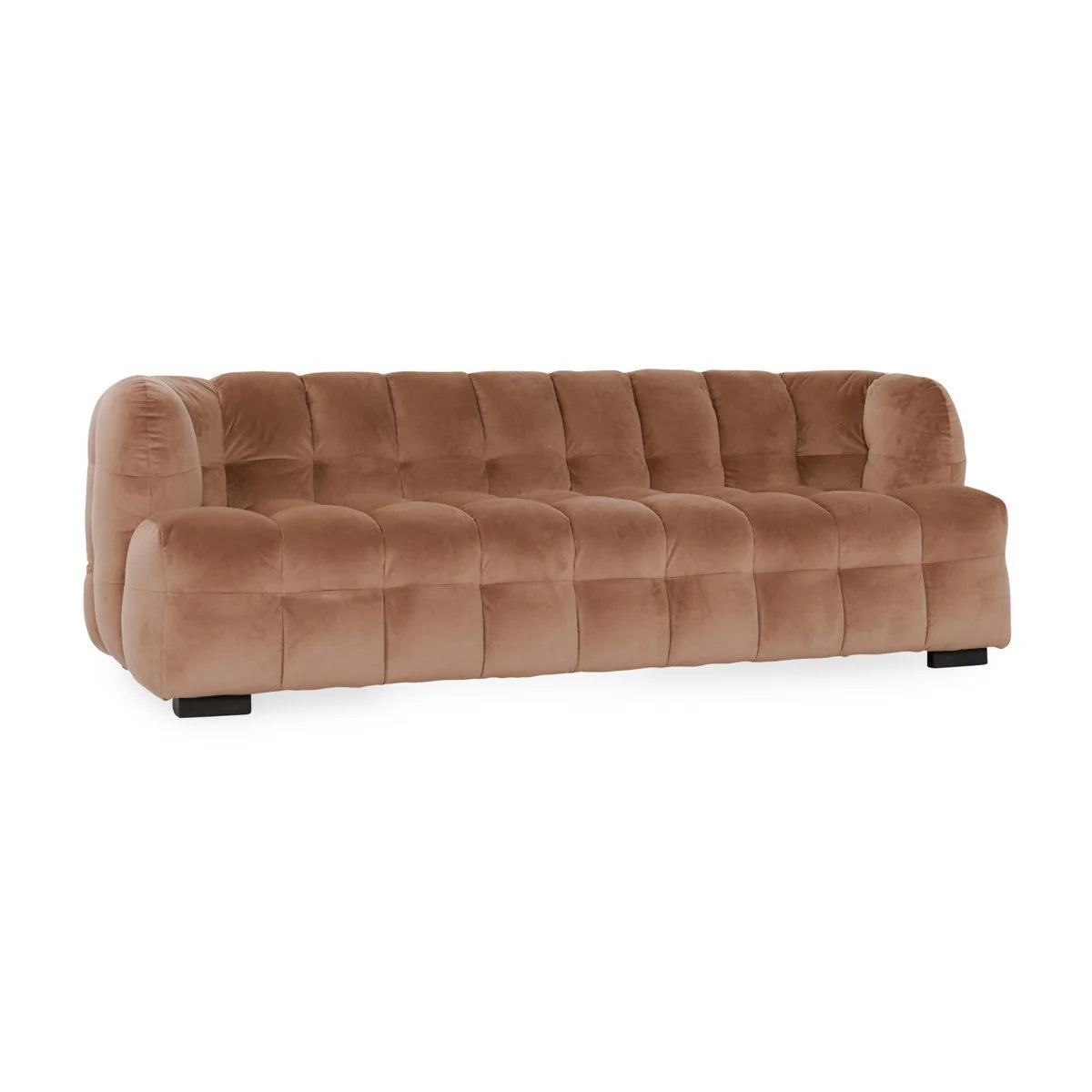 The Velvet Sofa is a modern, three-seater with light brown tufted plush polyester, deep cushioning, a low back, black block feet, and a minimalist contemporary silhouette with vintage-inspired design.