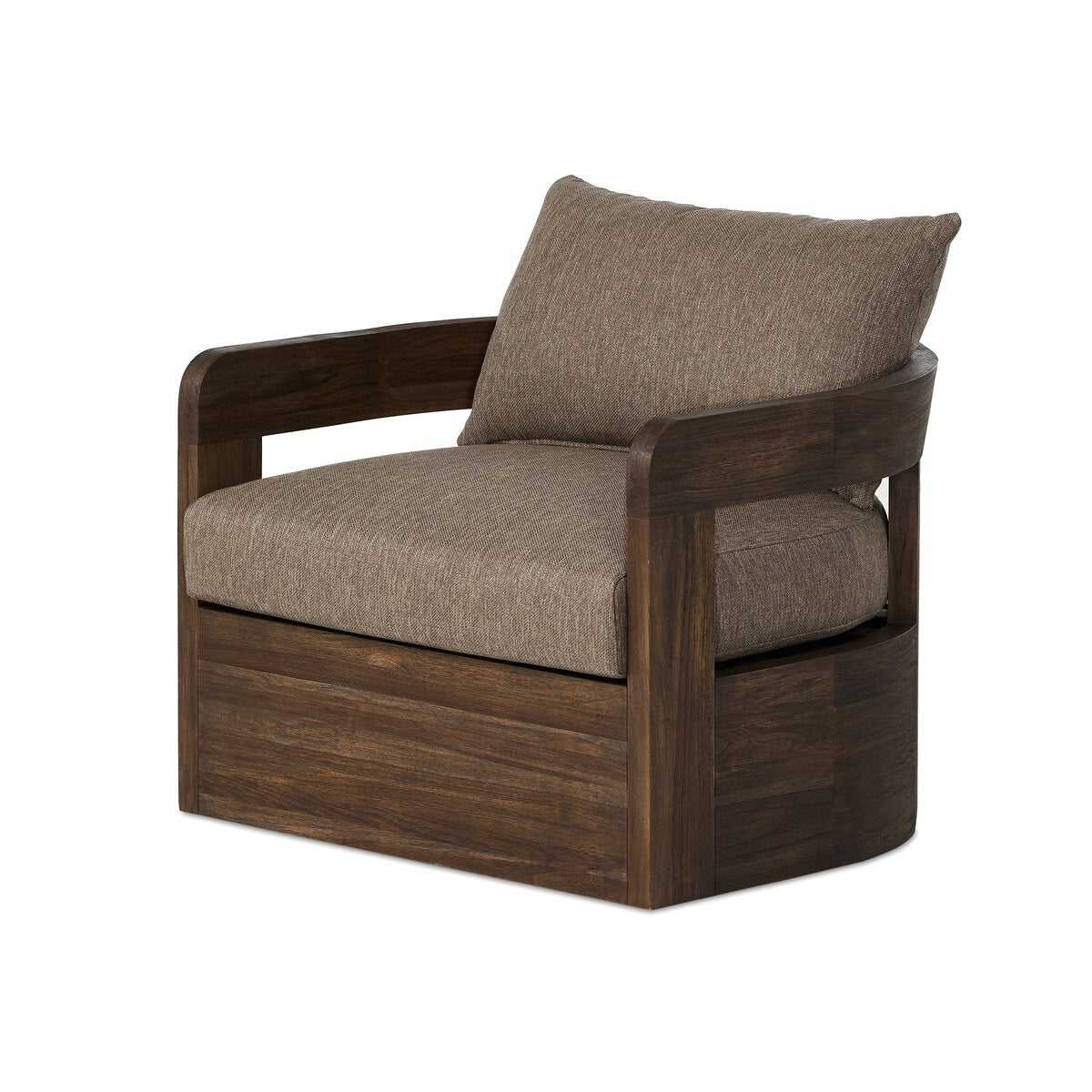 The Jackson Outdoor Swivel Chair features a dark wooden frame and thick, light brown cushioned seat and backrest. Displayed on a white background, its overall dimensions are 34.50"w x 32.75"d x 33.00"h for easy reference.