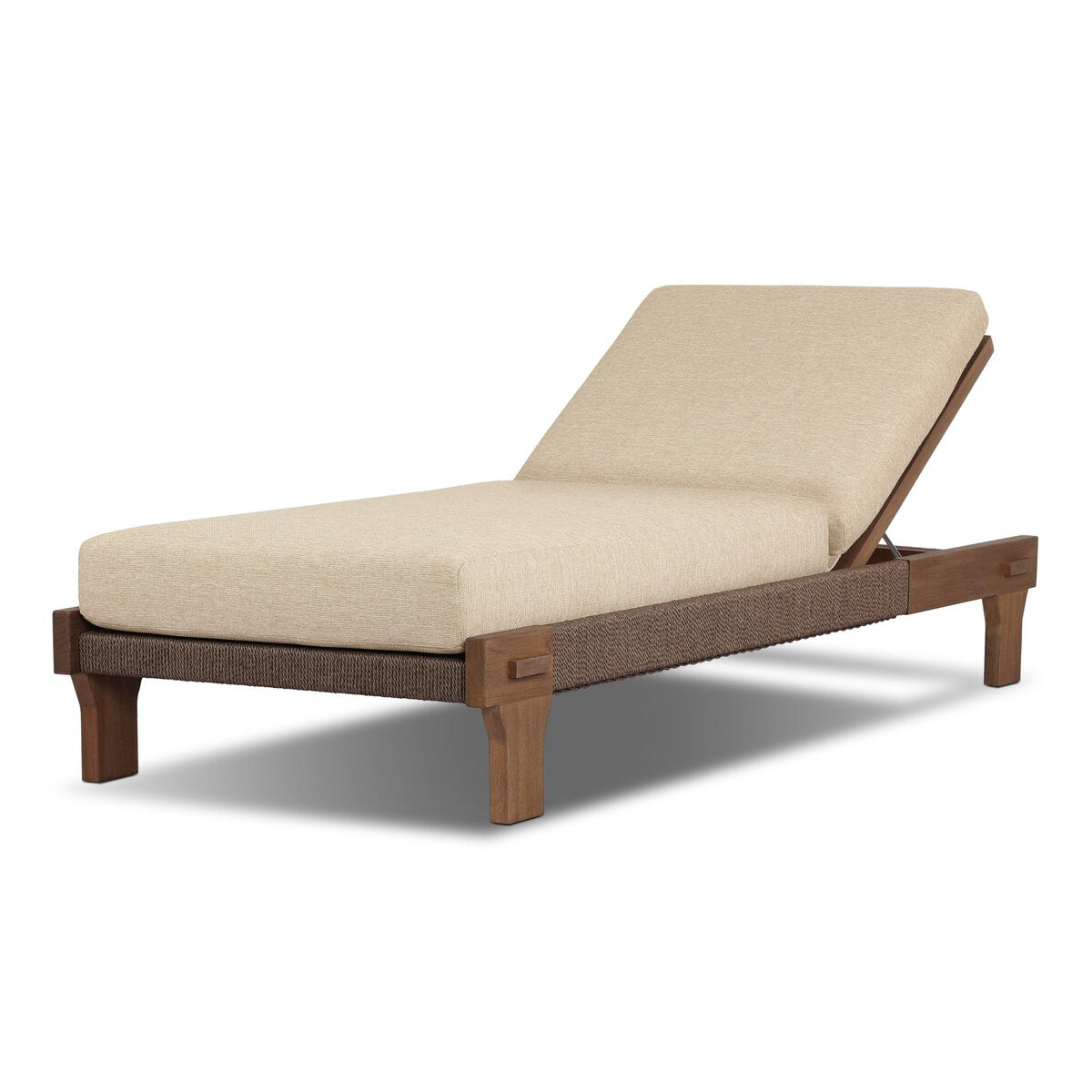 The Solid Teak Outdoor Chaise features a durable teak frame and a UV-resistant cushion, offering lasting comfort and style for your outdoor space.