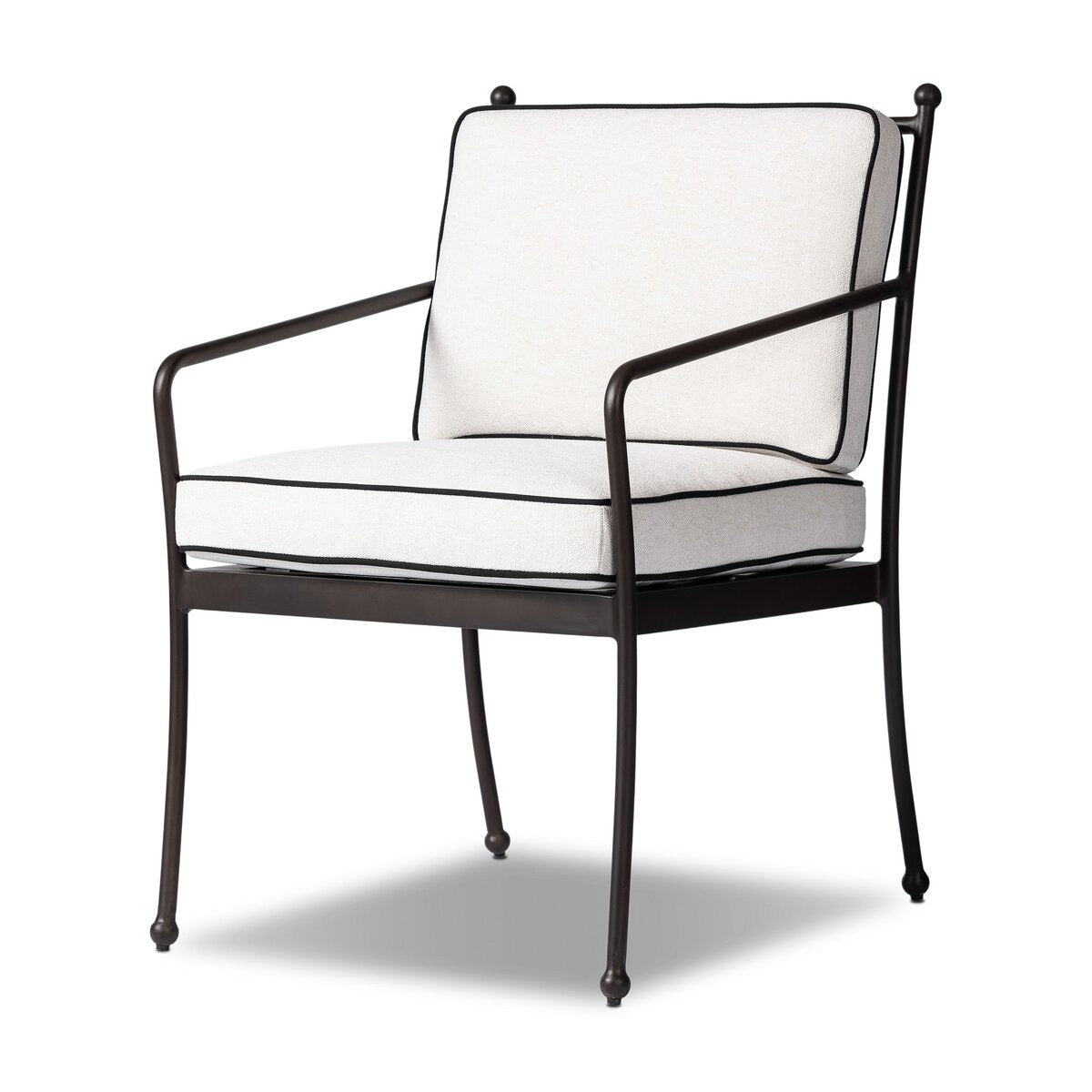 The Tally Outdoor Chair features a slim black metal frame, white cushioned seat and backrest with black piping. Measuring 35.50"h x 34.50"d x 28.00"w, it brings modern style and comfort to any contemporary outdoor space.