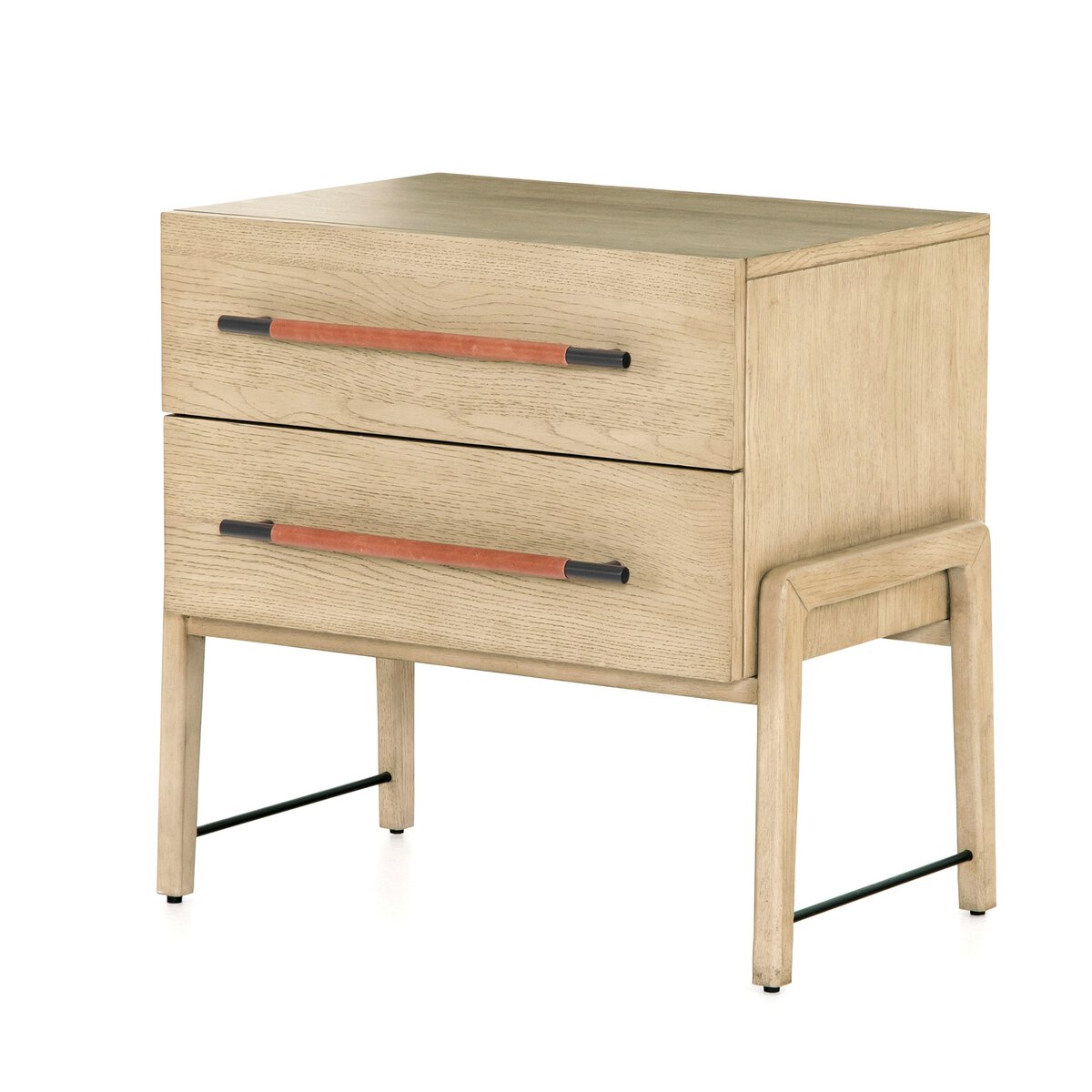 The Oak Nightstand features two oak drawers with long leather-wrapped handles and black iron hardware. Its light wood finish and minimalist design create a contemporary, modern look.