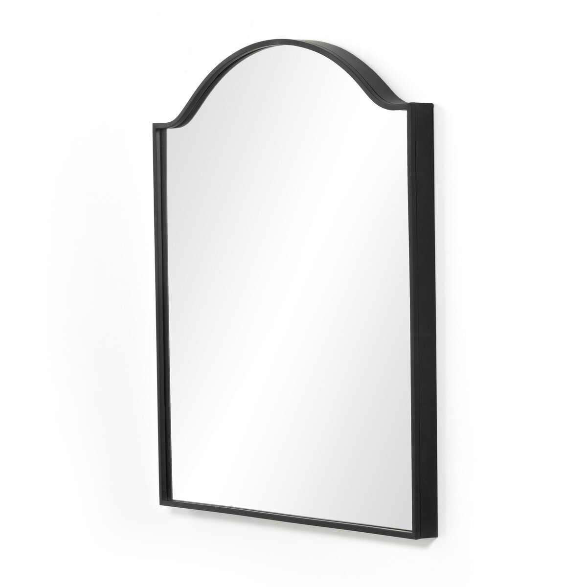 The Jacques Mirror is a large wall mirror with a black metal frame, decorative arched top, and straight sides, shown against a white background.