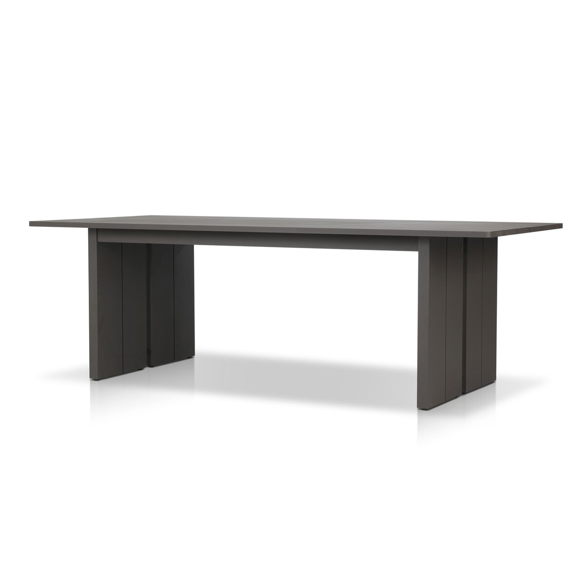 The Outdoor Metal Dining Table is a modern rectangular dark gray table with a flat top and two wide legs at each end, shown against a white background; spacious enough to comfortably seat eight guests.