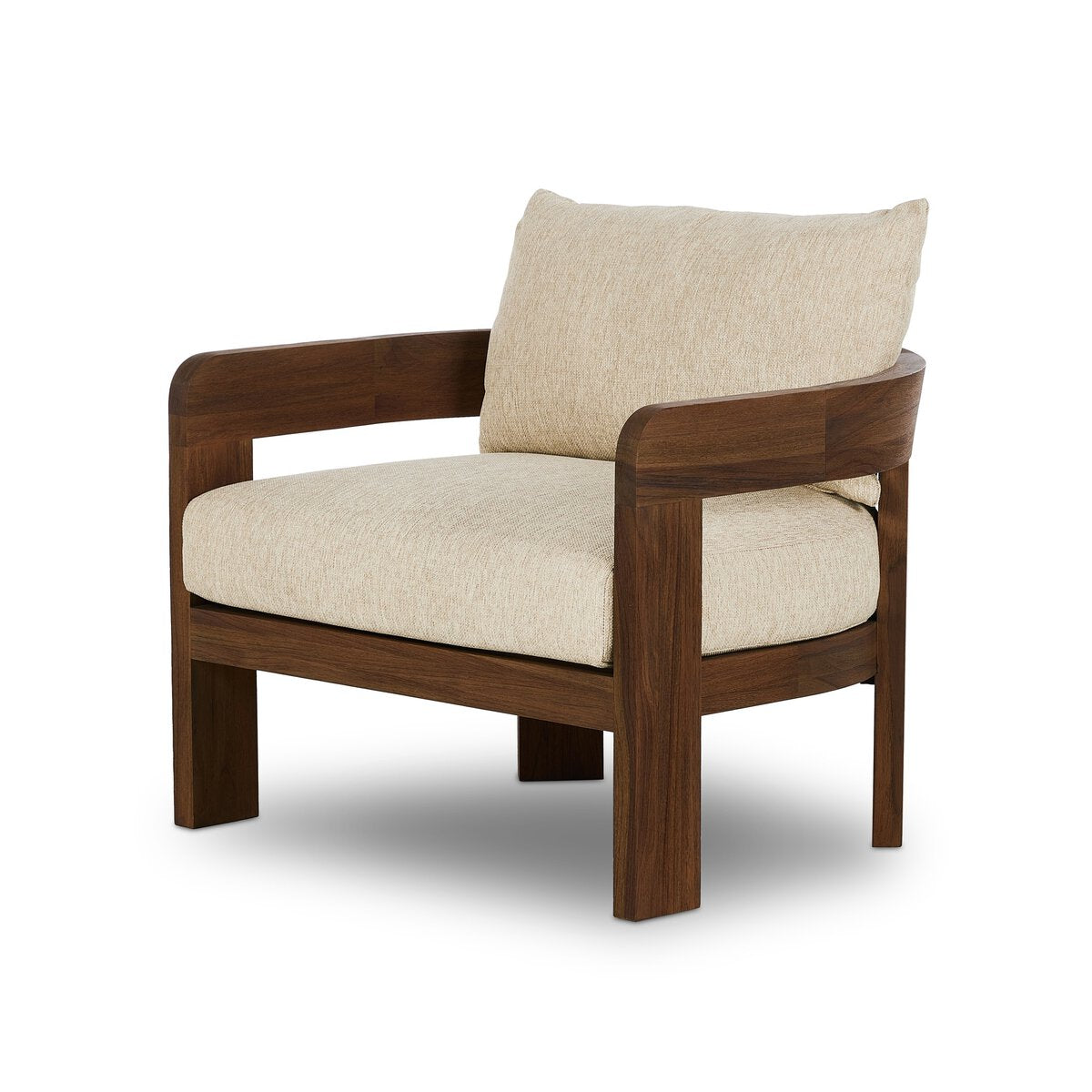 The Barrel Back Outdoor Chair features a modern teak frame with warm beige upholstery on the seat and back cushions, shown against a white background.