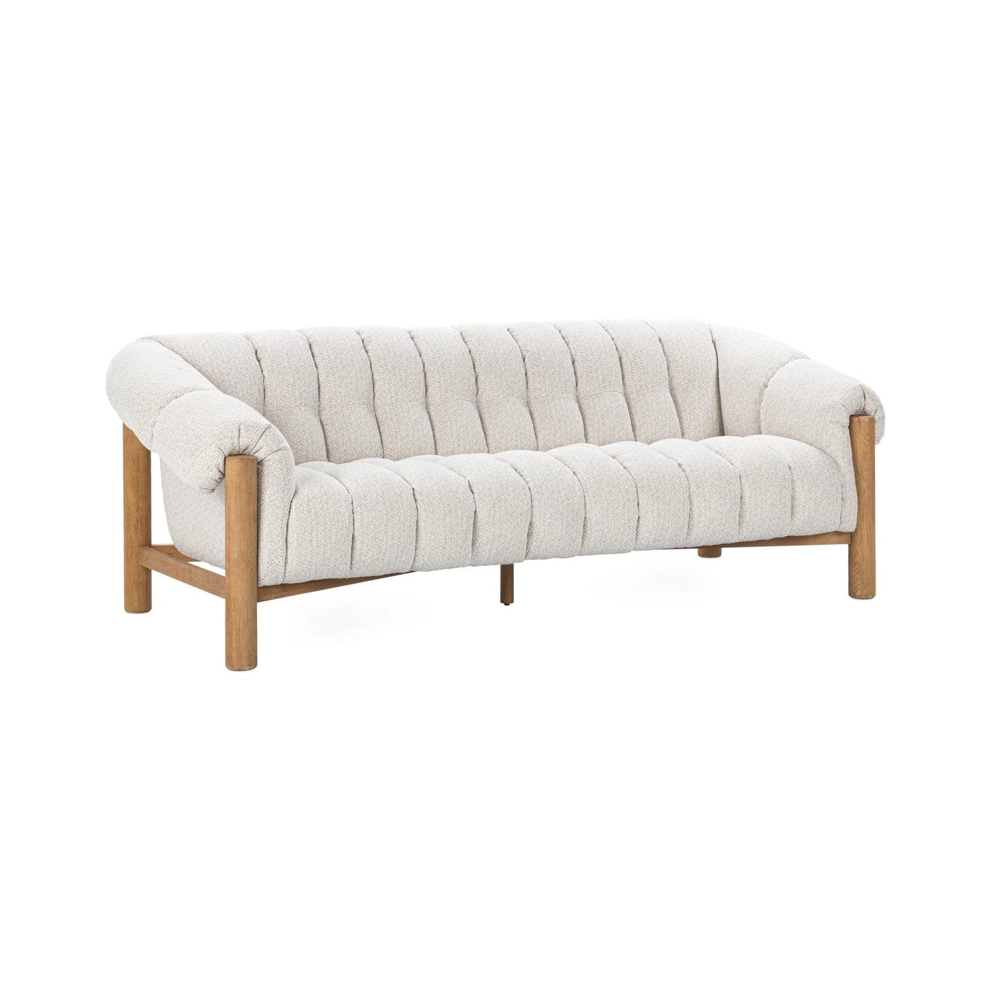 The Plush Upholstered Sofa features a rounded, tufted back and seat in light beige polyester, complemented by a sturdy brushed oak wood frame and legs.