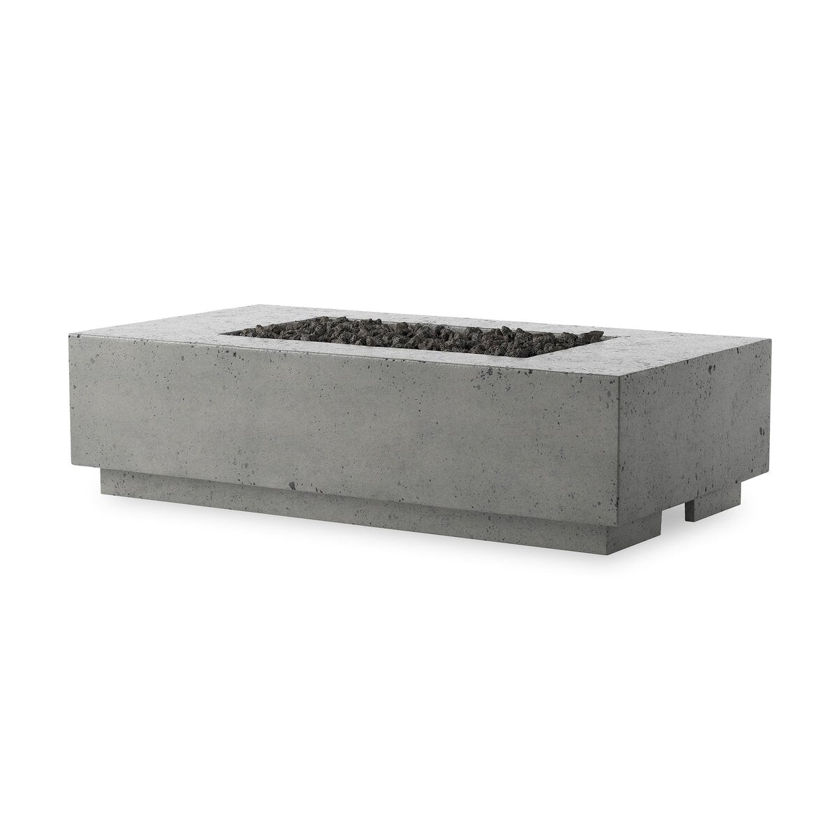 The Outdoor Fire Table is made from glass-reinforced concrete with a modern, minimalist rectangular design and a recessed center filled with black lavastones.