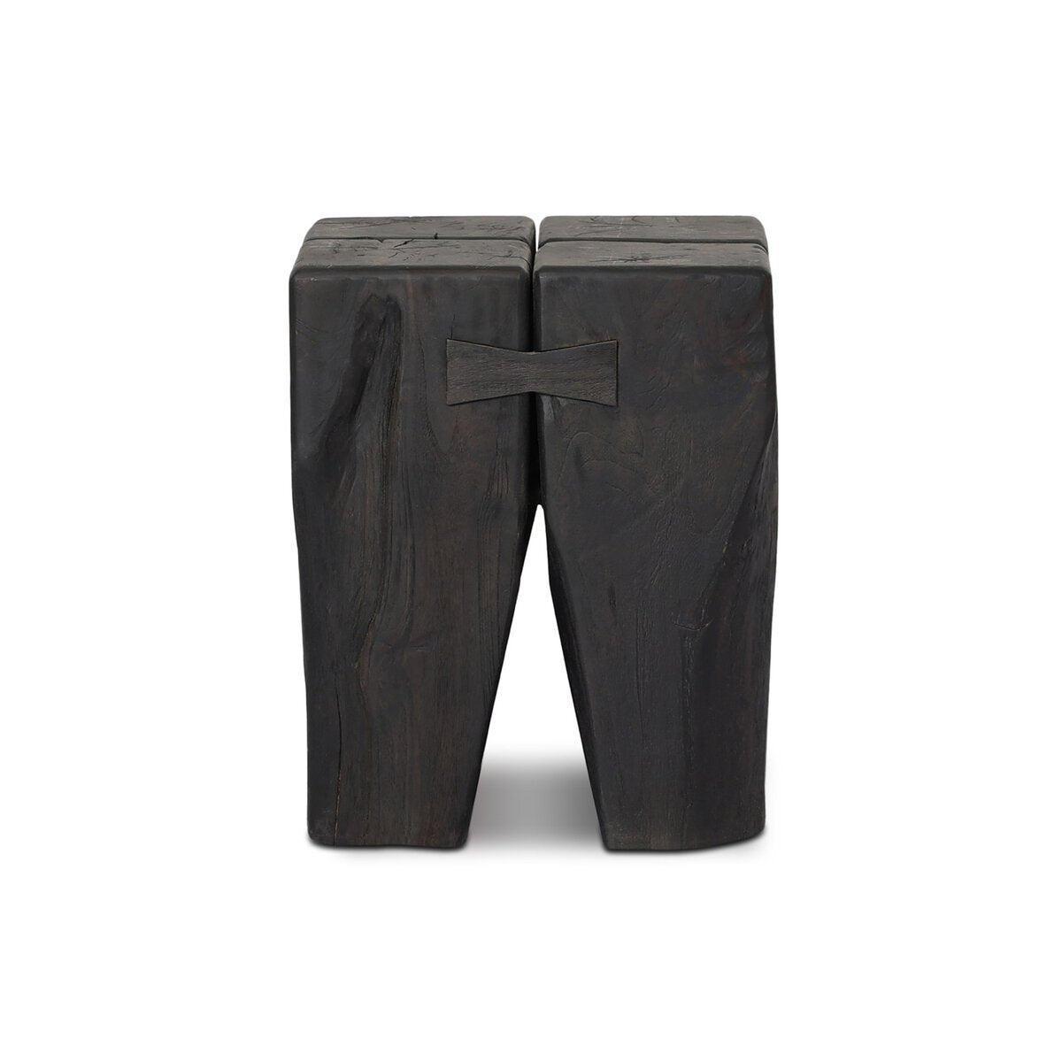 Two tall, rectangular black Teak Outdoor End Tables with natural grain and FSC-certified solid teak, placed side by side and joined at the top center by a small horizontal connector.