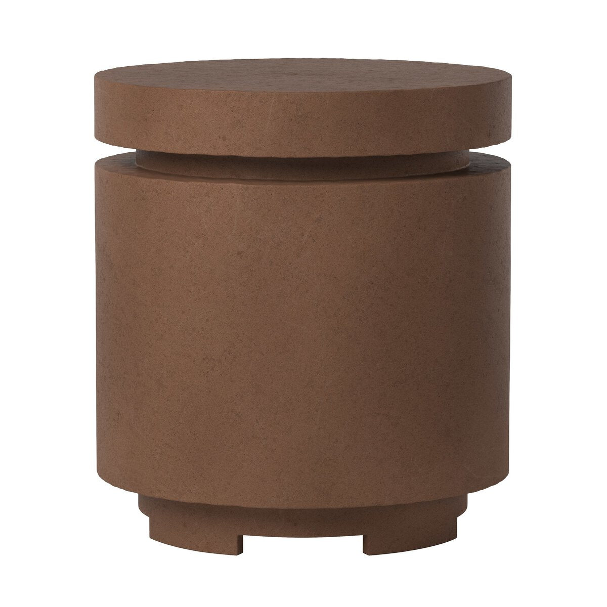 The Higgins Outdoor Round Propane Enclosure is a modern, minimalistic brown cylindrical piece (20" tall) with a thick round top, recessed middle, and solid base on four small feet—ideal as a stylish accent table for any space.
