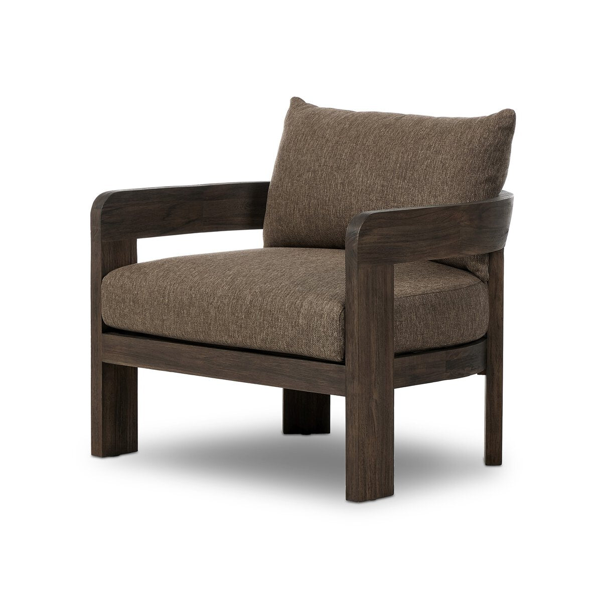 The Barrel Back Outdoor Chair features a modern teak frame with thick, brown upholstered seat and back cushions, displayed against a white background.