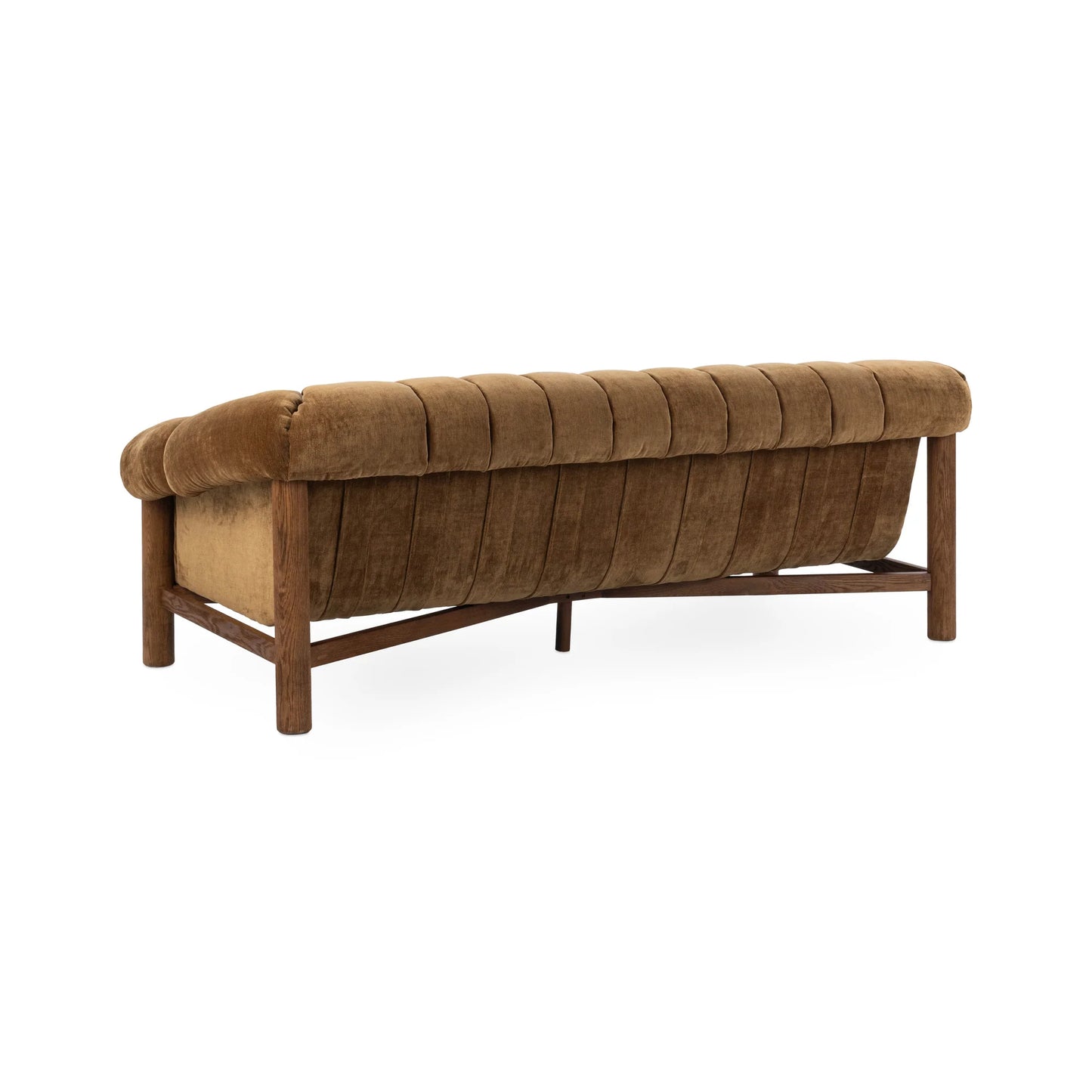 The Plush Upholstered Sofa features brown velvet polyester upholstery, vertical tufting, and a brushed oak wood frame, shown from the back and slightly angled on a white background.