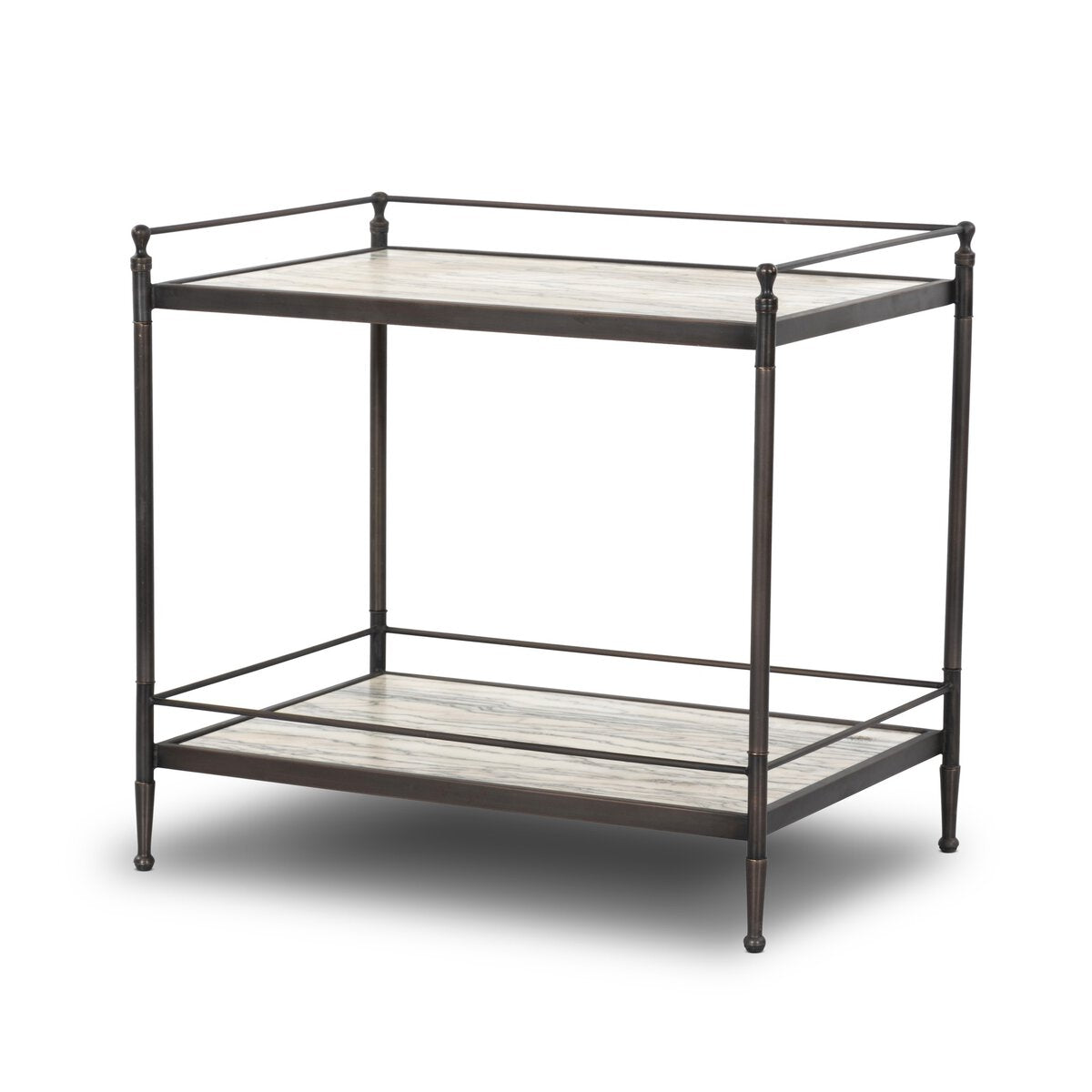The Two-Tier Metal Nightstand features a black metal frame, light wood shelves, and rails around both tiers, offering minimalist style and functional storage.