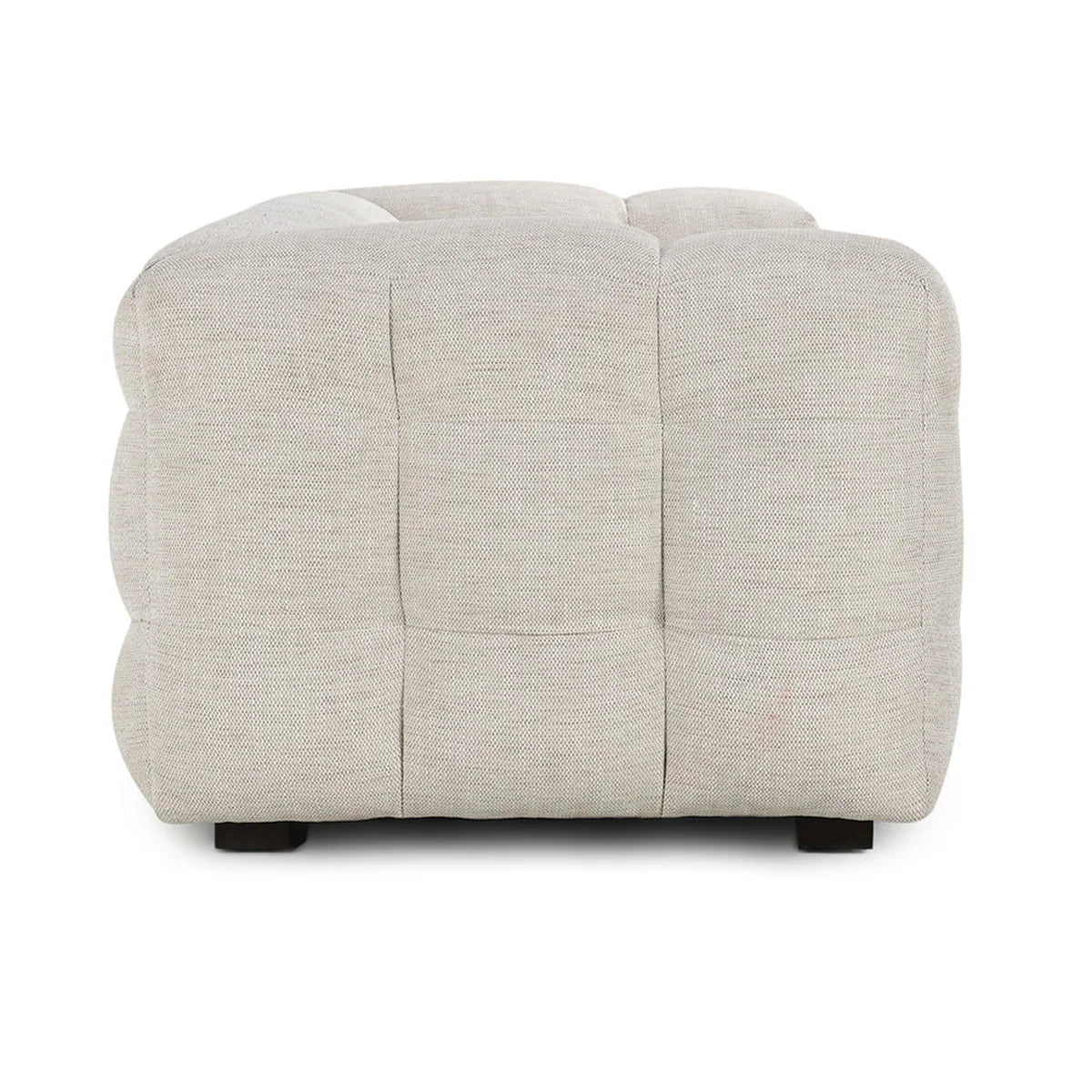 A front view of an Upholstered Sofa in beige with a tufted design, soft fabric texture, and low black legs, set against a white background—ideal for modern living room decor.