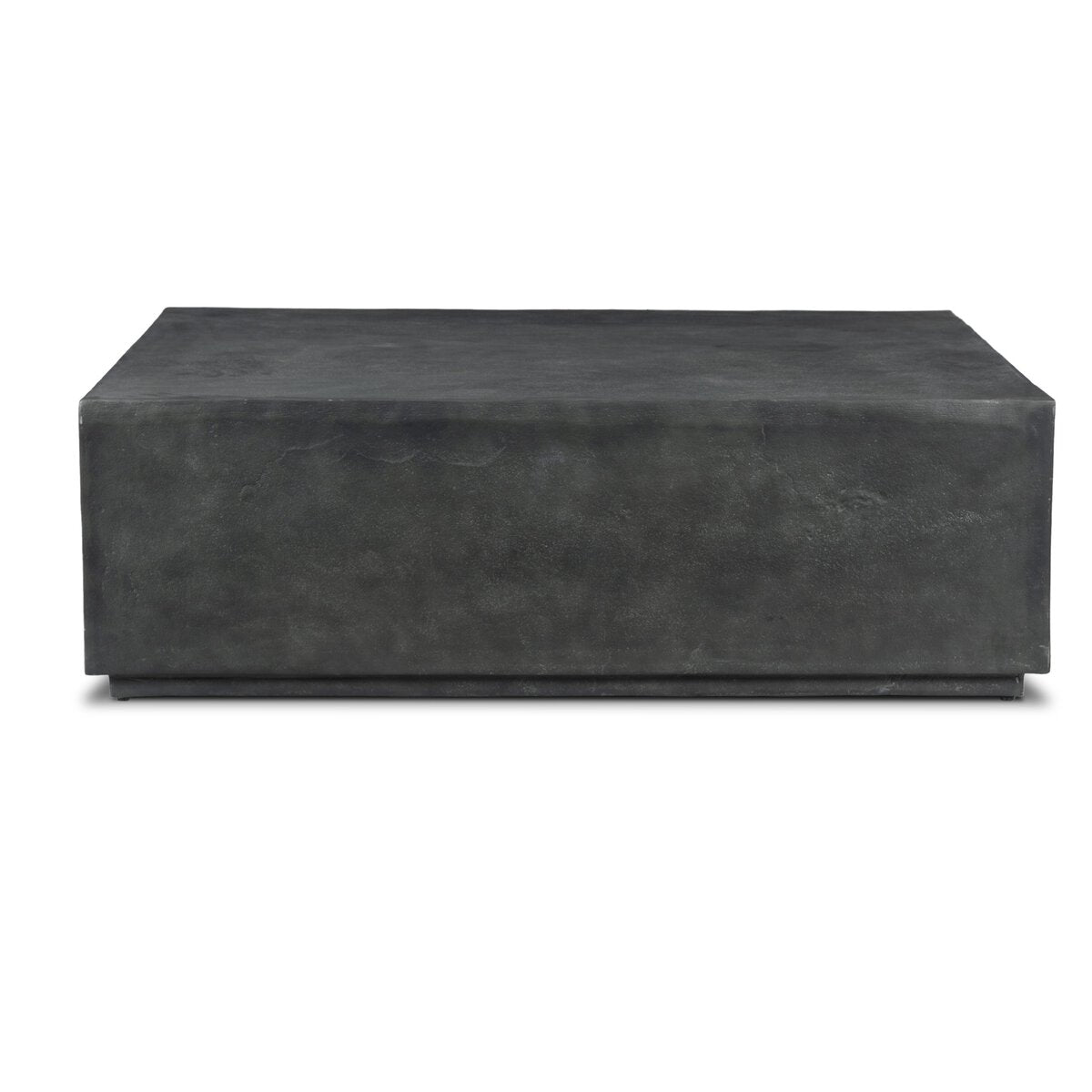 The Aged Grey Metal Outdoor Coffee Table features a rectangular, minimalist plinth-style design with a smooth, dark grey surface and solid block construction, shown against a white background.