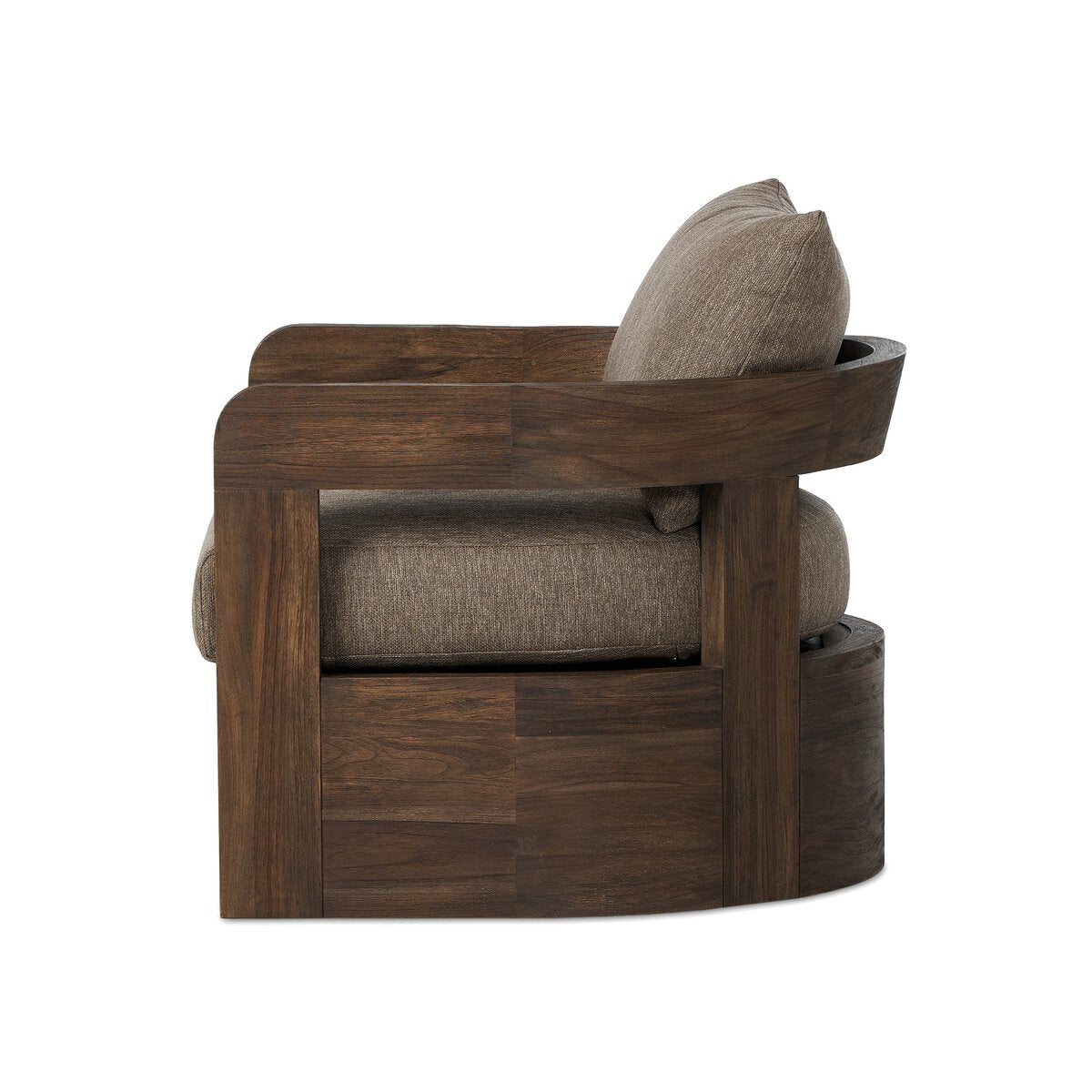 Side view of the Jackson Outdoor Swivel Chair featuring a dark wooden frame and light brown cushioned seat and backrest, set against a white background. Measurements: 34.50"w x 32.75"d x 33.00"h.