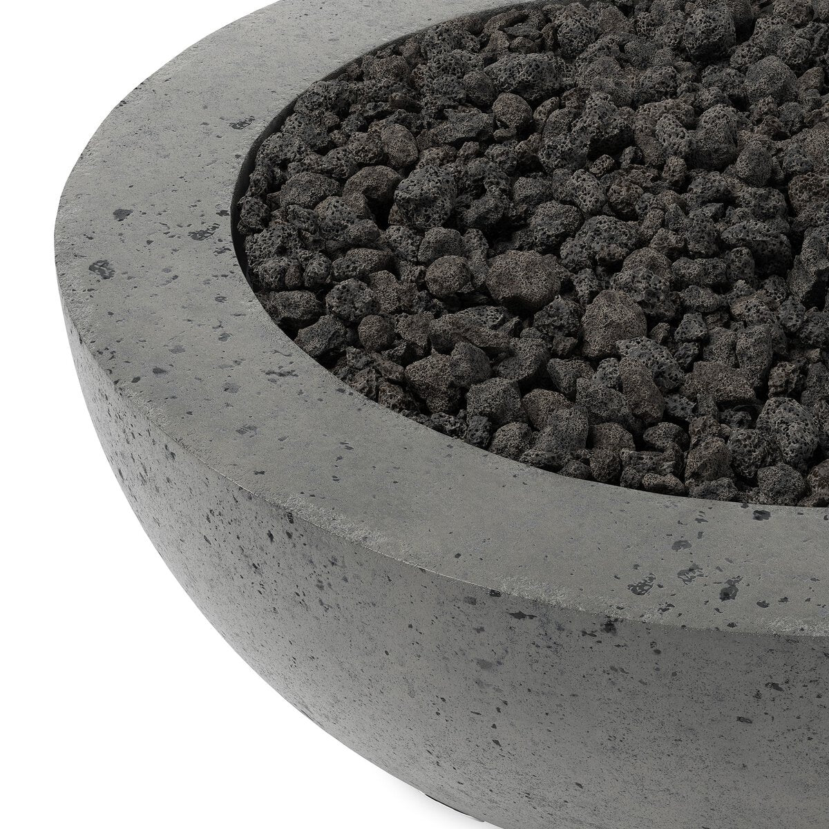 A close-up of the Domed Outdoor Fire Table shows its round, gray form with small black volcanic rocks. The smooth, speckled surface is crafted from durable glass-reinforced concrete for lasting outdoor appeal.