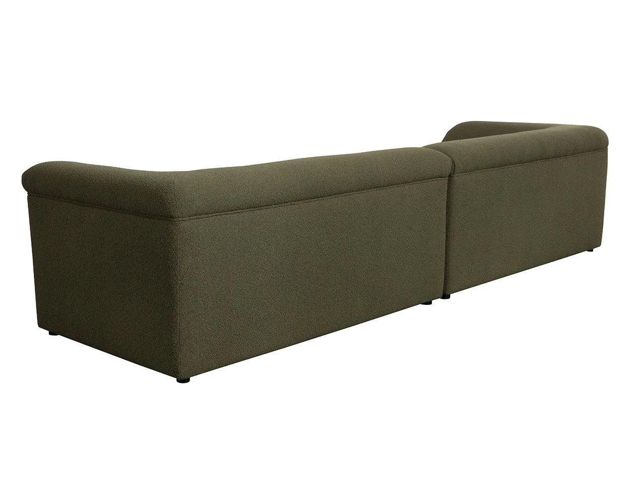 The Curved Upholstered Sofa features a green, modern design with a curved back and armrests. Viewed from the rear and side, it consists of two connected sections, blending contemporary style with comfort.