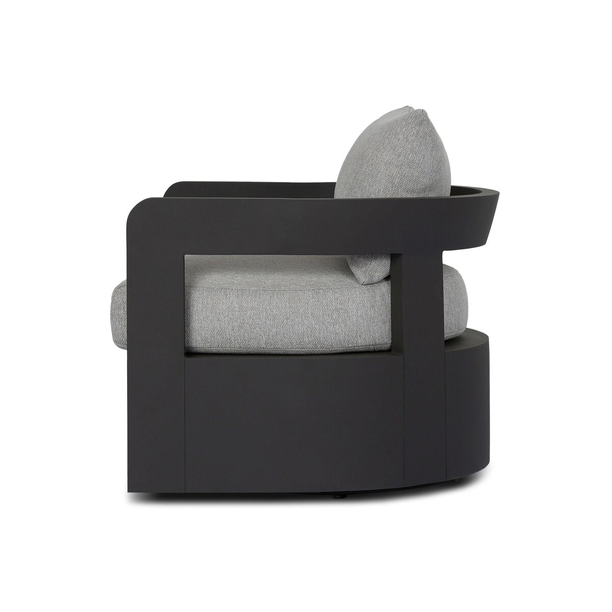 The Outdoor Metal Swivel Chair features crisp upholstery on its cushion and a sturdy metal frame.