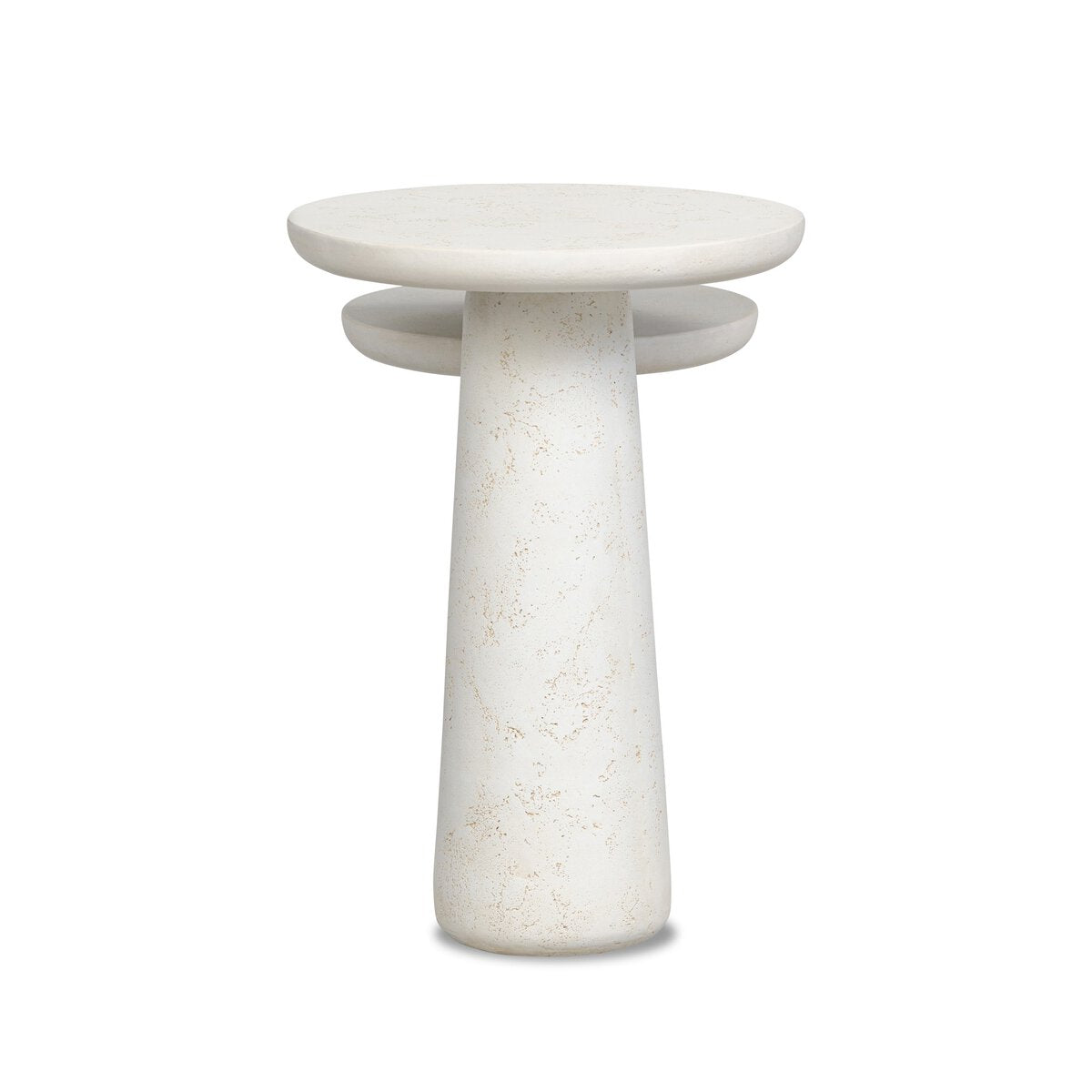 The Concrete Outdoor Nesting End Tables feature a modern, minimalist white design with a round top, thick pedestal base, and a smaller shelf below. Crafted from cast concrete with a subtly speckled surface, they’re perfect for outdoor use.