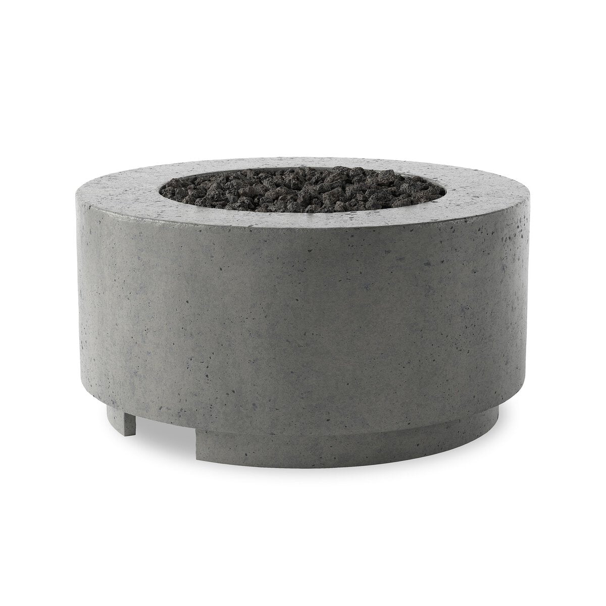 The Damian Outdoor Fire Table is a round, modern concrete fire pit featuring a wide smooth base and central lava rocks. This sturdy, minimalist piece doubles as a stylish coffee table—perfect for outdoor use.
