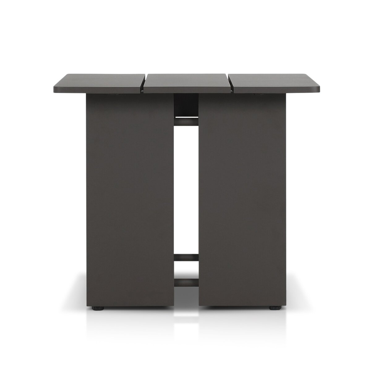 The Dark metal Outdoor End Table features a modern, dark gray foldable design with a rectangular top and two wide panels on a sturdy metal frame, displayed against a white background.