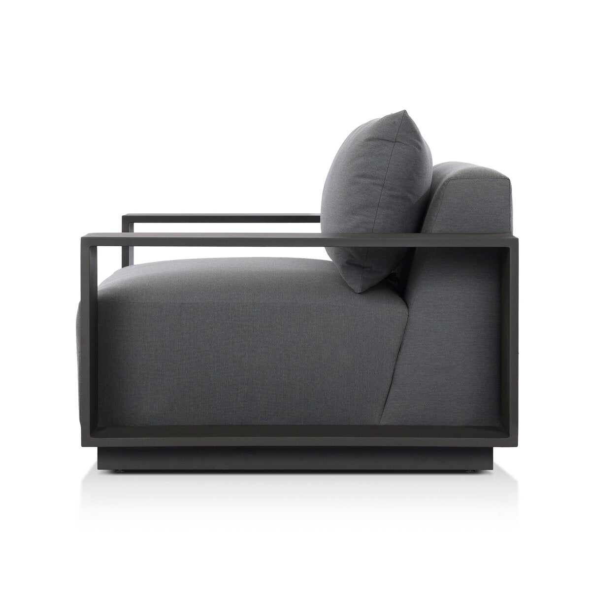 Side view of the Heavy Metal Framed Outdoor Chair featuring robust metal framing and thick dark gray cushions, displayed against a white background.