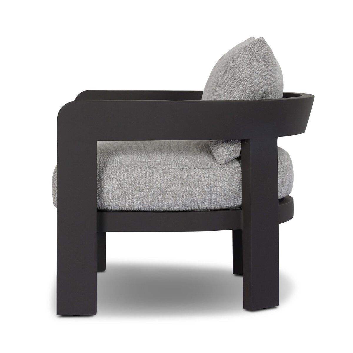 The Outdoor Metal Chair features a modern barrel back design with crisp upholstery, thick rounded black metal frame, and light gray cushioned seat and backrest, shown from the side on a white background.