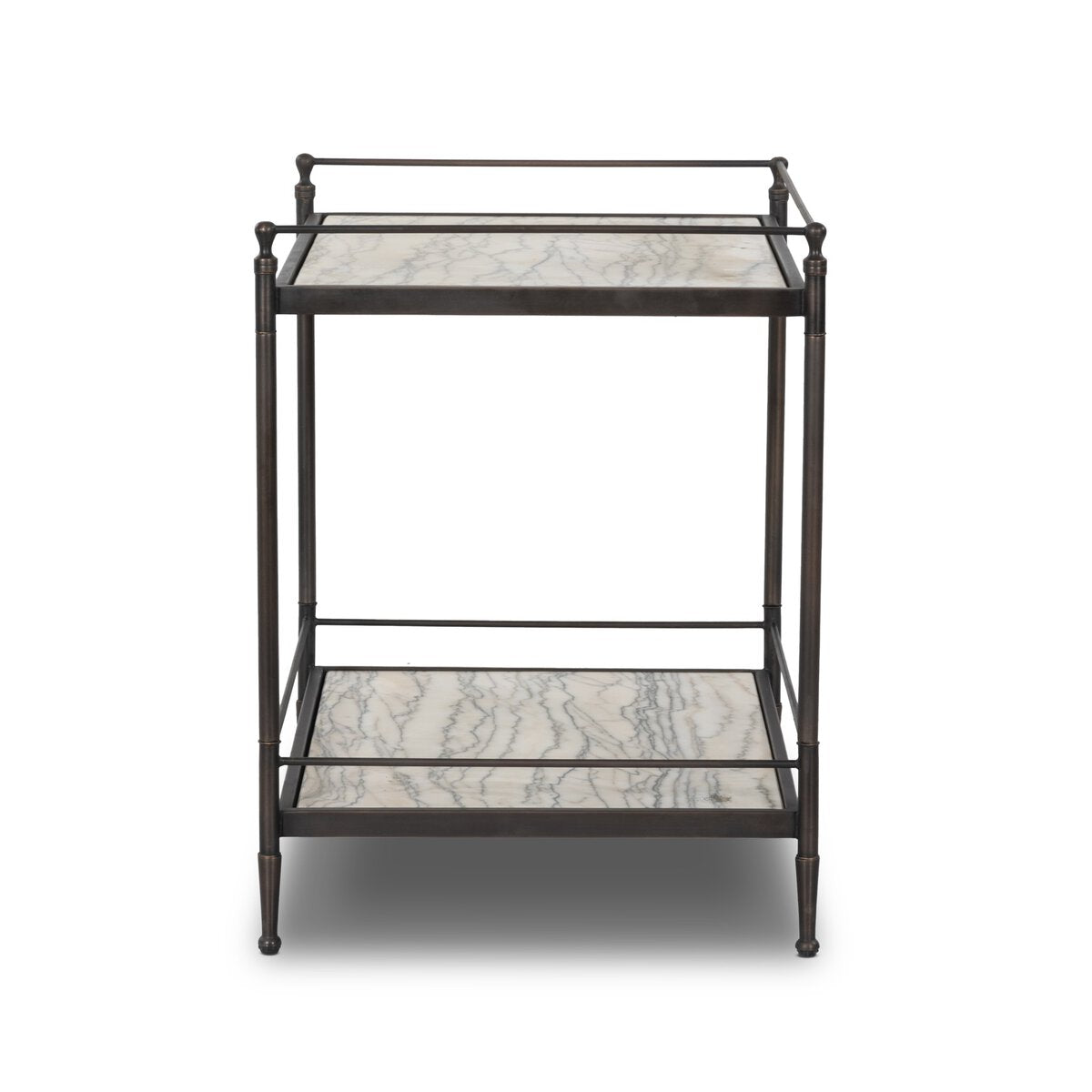 The Two-Tier Metal Nightstand features a black frame and white marble shelves, combining minimalist style with heritage charm in a sleek rectangular design.