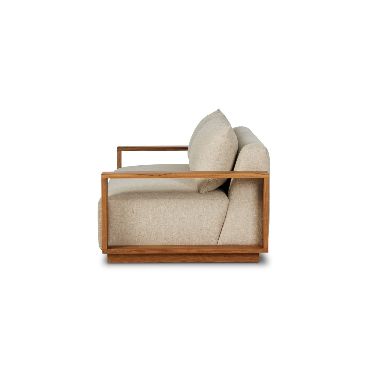 Side view of the Teak Frame Outdoor Sofa in beige, featuring a teak frame, wooden armrests, and thick cushioned seat and backrest, set against a plain white background.