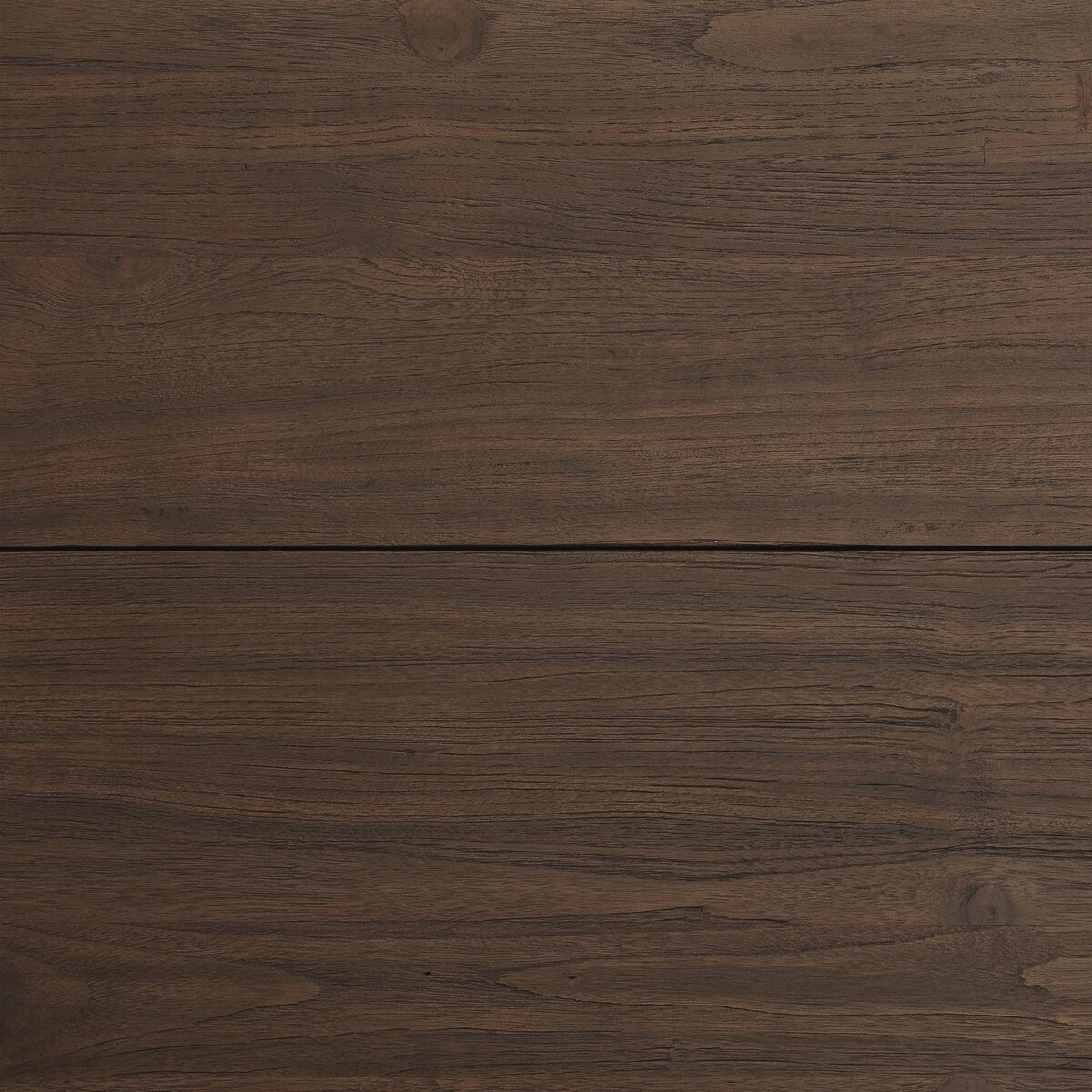 The Outdoor Chunky Square End Table features a dark brown reclaimed teak wood surface with visible natural grain and a horizontal plank seam. Its smooth, well-finished texture makes it perfect for outdoor furniture settings.