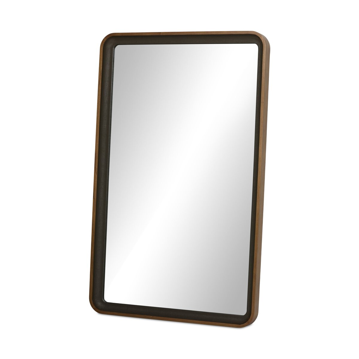 The Arno Grand Floor Mirror features slightly rounded corners and a dark brown wooden frame, displayed angled on a white background. Its overall size is 50.00"w x 3.50"d x 80.00"h, ideal for versatile product sizing needs.