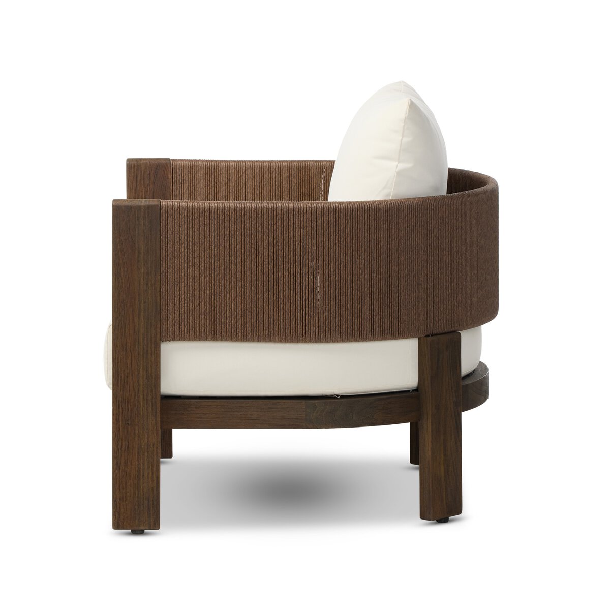 The Delancy Outdoor Chair features a modern design with a brown ribbed fabric backrest, white seat cushion and pillow, and four dark wooden legs. Shown from the side against a white background.