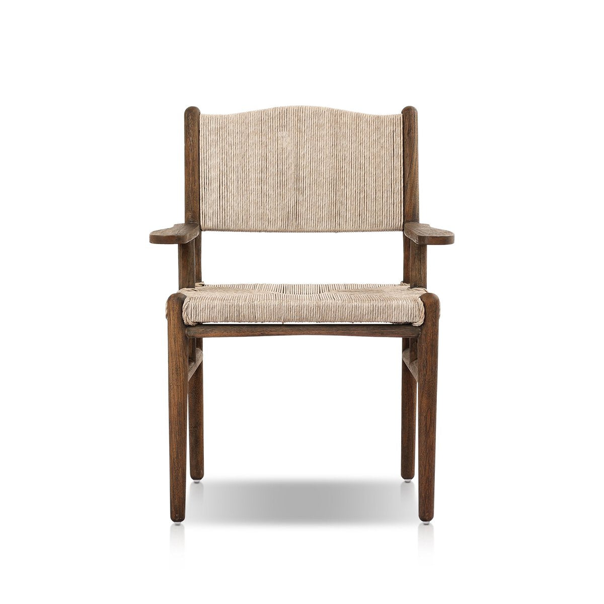 The Herrin Outdoor Dining Armchair, with armrests and a beige corduroy upholstered seat and backrest, is displayed against a white background. Its overall dimensions are 26.00"w x 23.00"d x 34.75"h.