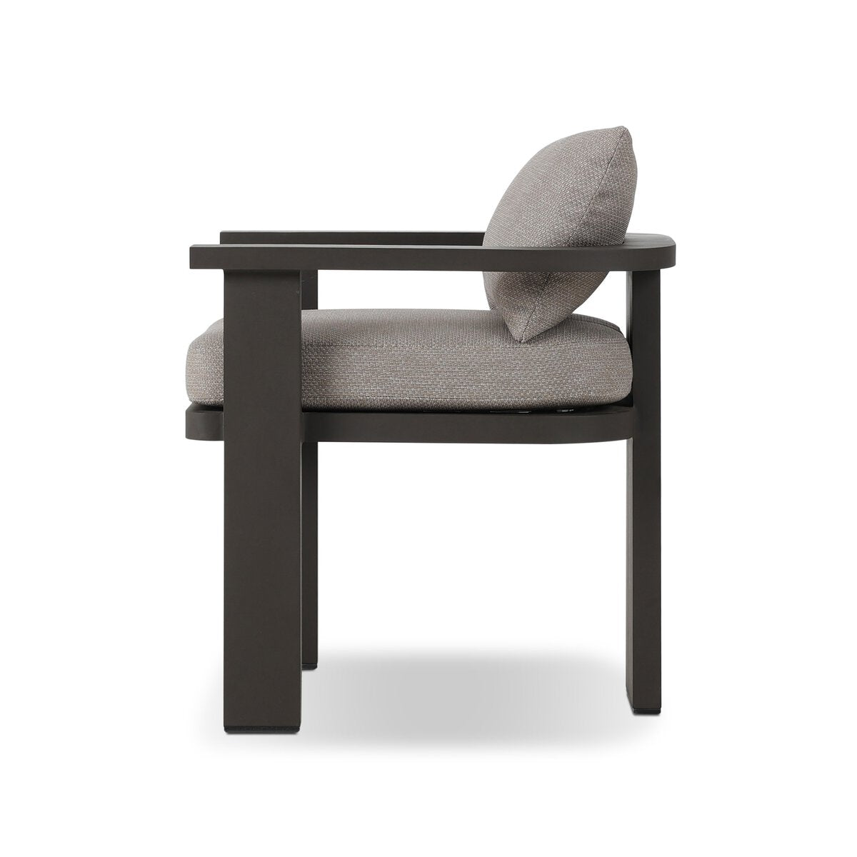 Side view of the Three Legged Outdoor Dining Chair featuring a black wooden frame, light gray high-performance upholstered seat, straight armrests, and a sleek modern design, shown against a white background.