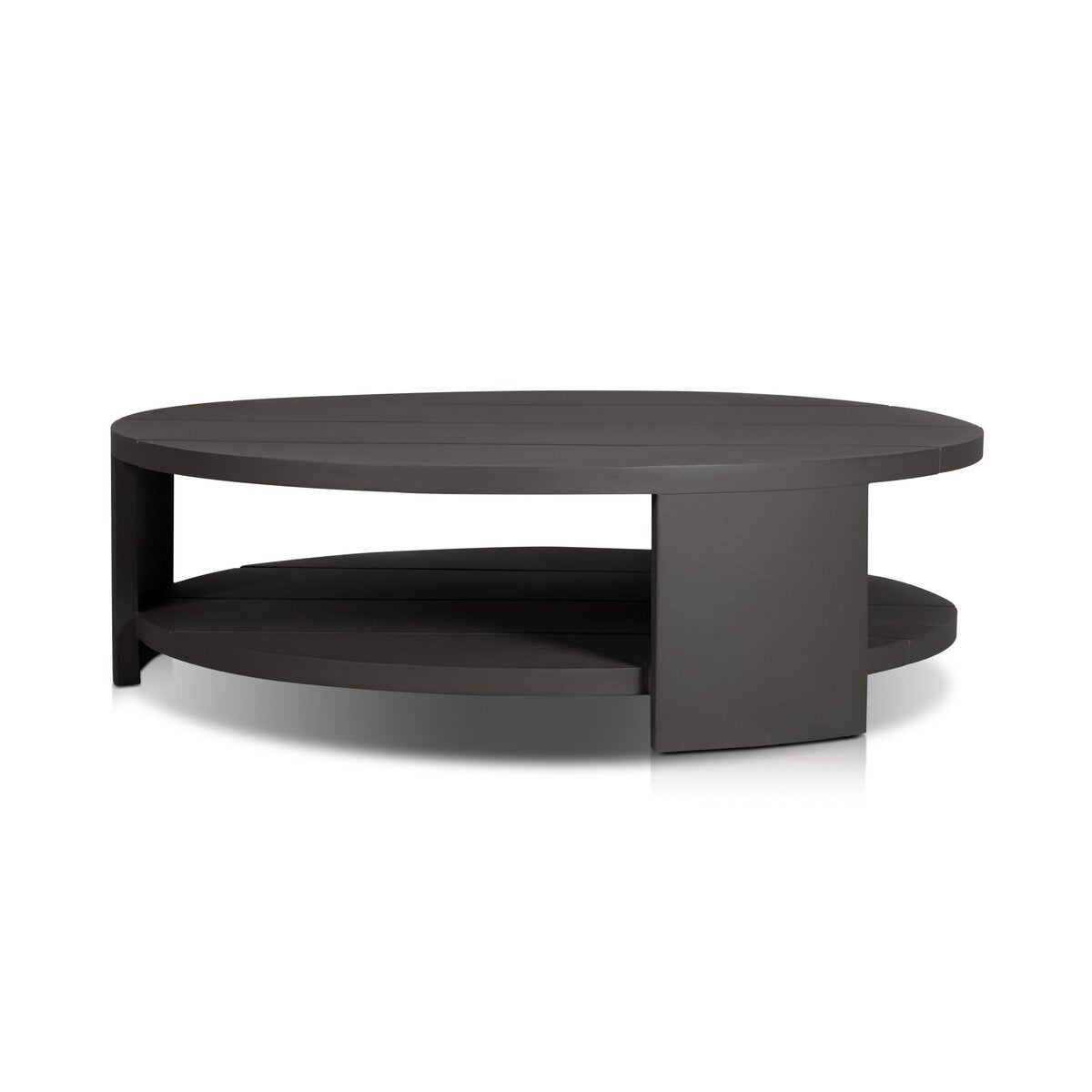 A modern, round Bronze Finished Aluminum Coffee Table with an open, minimalist design and wide surface—ideal for stylish living spaces.