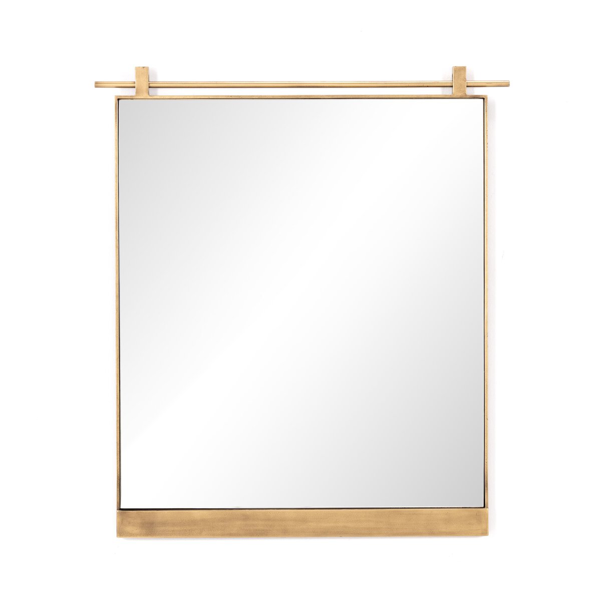 The Chico Mirror is a large decorative wall mirror featuring a thin gold frame and a horizontal gold bar at the top for hanging, offering a modern, minimalist design.