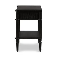 The European Nightstand is a distressed black wooden piece with four legs, a middle shelf, and a flat rectangular top, shown from the front.