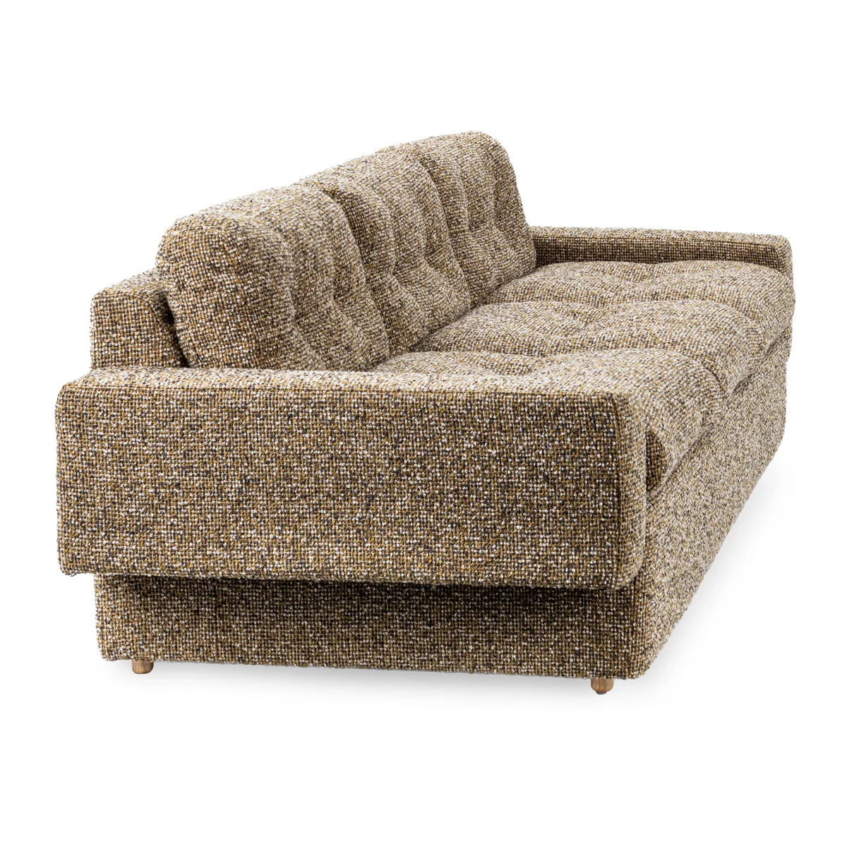 The Tufted Sofa is a mid-century piece in brown and beige, featuring a textured finish, tufted backrest and seat, thick cushions, and short wooden legs, shown from a rear side angle.